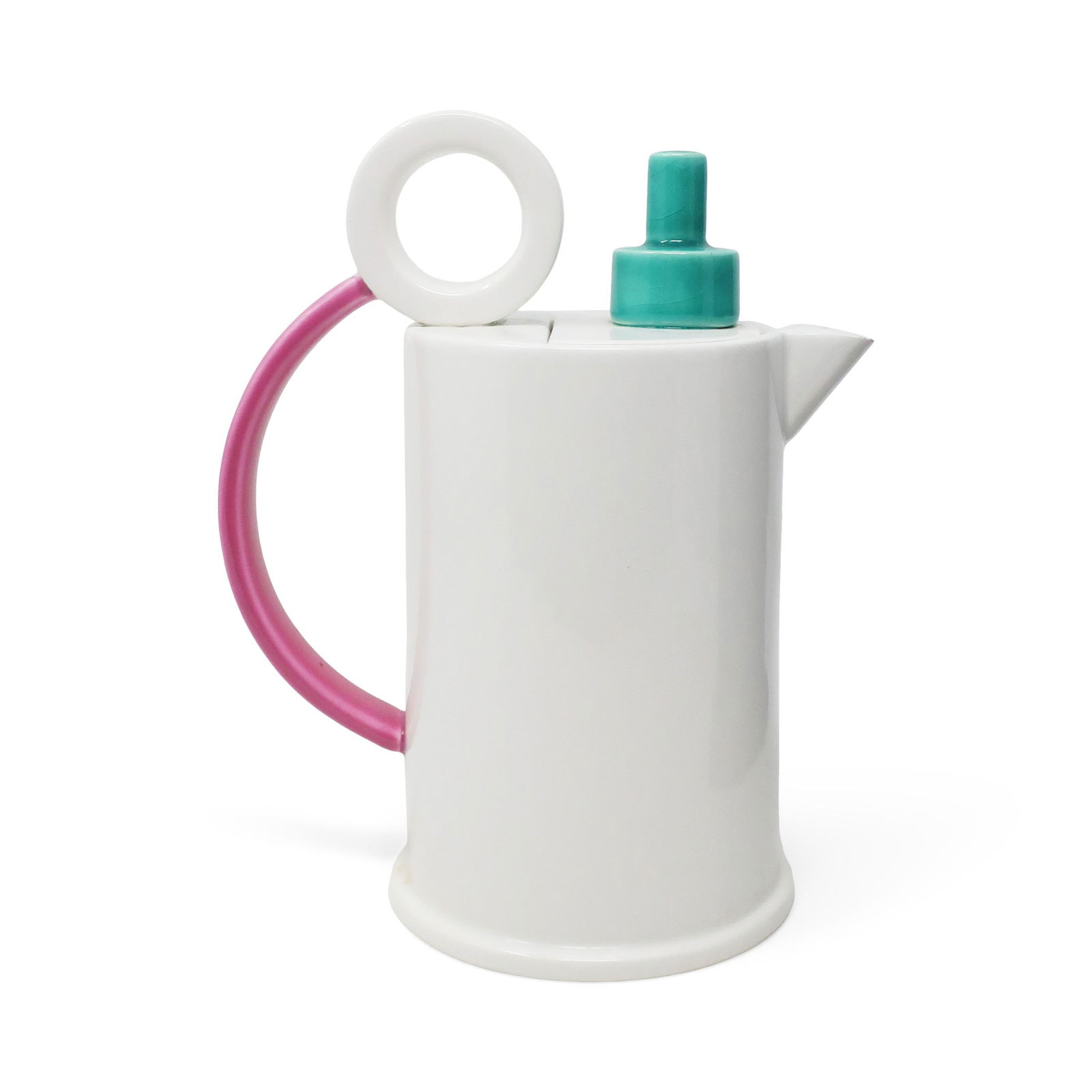 1980s Postmodern Ceramic Tea or Coffee Pot by Marco Zanini for Bitossi: Stunning postmodern ceramic tea or coffee pot from the Hollywood collection designed by Marco Zanini for Flavia Montelupo/Bitossi. White body, rounded pink handle, and stacked teal top show a clear in