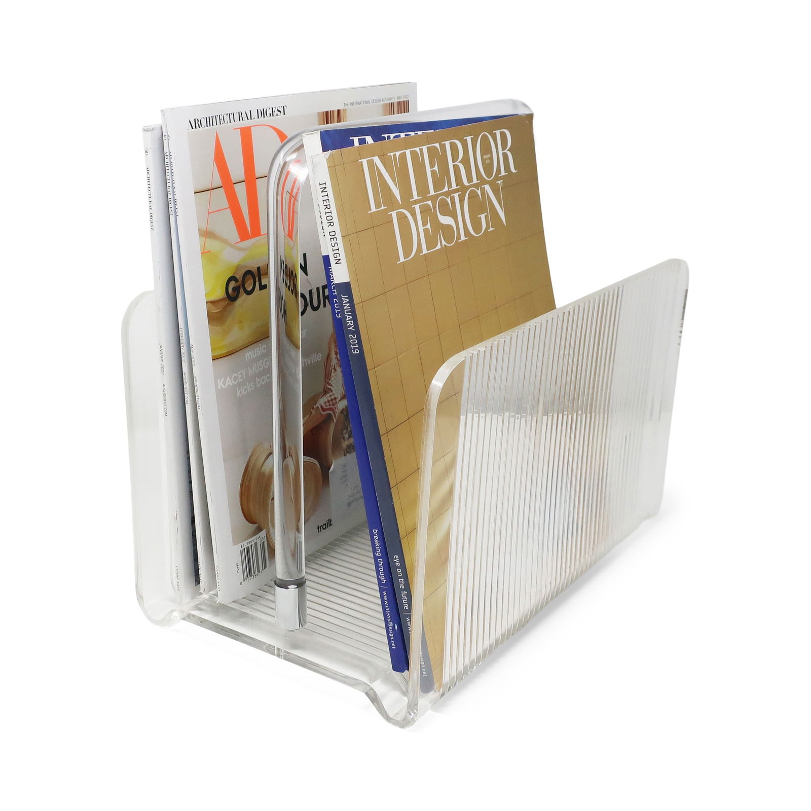 1970s Lucite Magazine Rack: An elegant vintage lucite magazine rack with rounded clear lucite handle. Perfect for storing magazines, books, or records and adding a lovely mid-century modern touch to any living room. In good cond