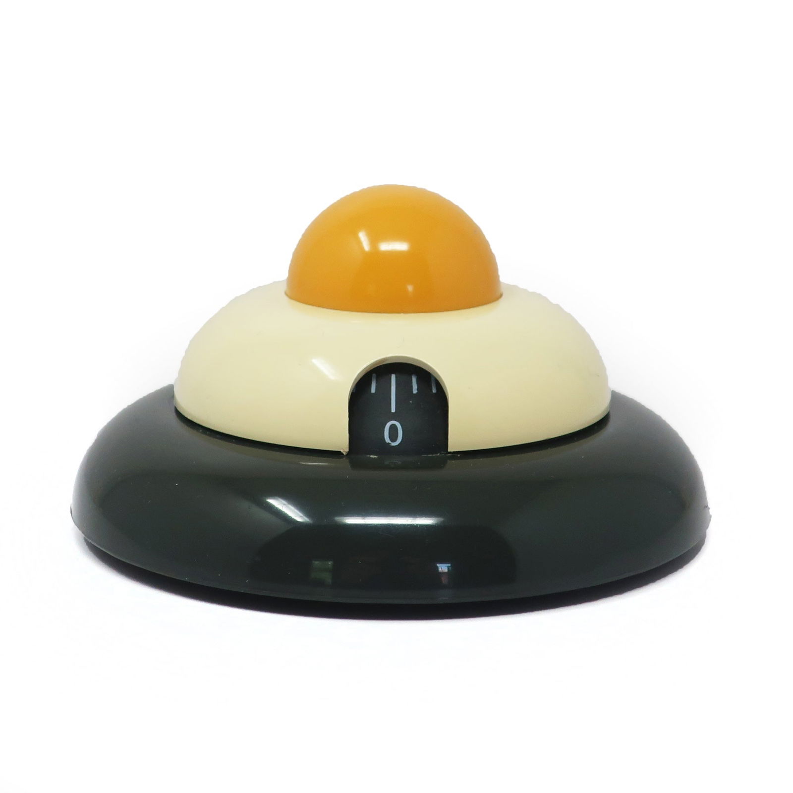 Postmodern Funnytime Kitchen Timer by Roberto Pezzetta for WikiDue: A whimsical Italian postmodern multicolor kitchen timer designed by Roberto Pezzetta for WikiDue. Stacked dark gray, white and yellow discs give it a fun Memphis Milano-inspried take on an egg in a pa