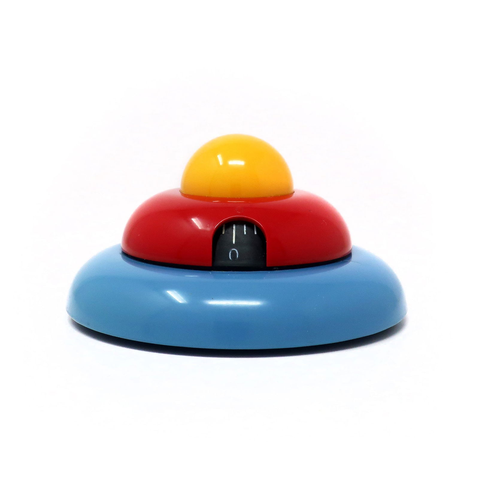 Postmodern Funnytime Kitchen Timer by Roberto Pezzetta for WikiDue: A whimsical Italian postmodern multicolor kitchen timer designed by Roberto Pezzetta for WikiDue. Stacked light blue, red and yellow discs give it a fun Memphis Milano-inspried take on an egg in a pan
