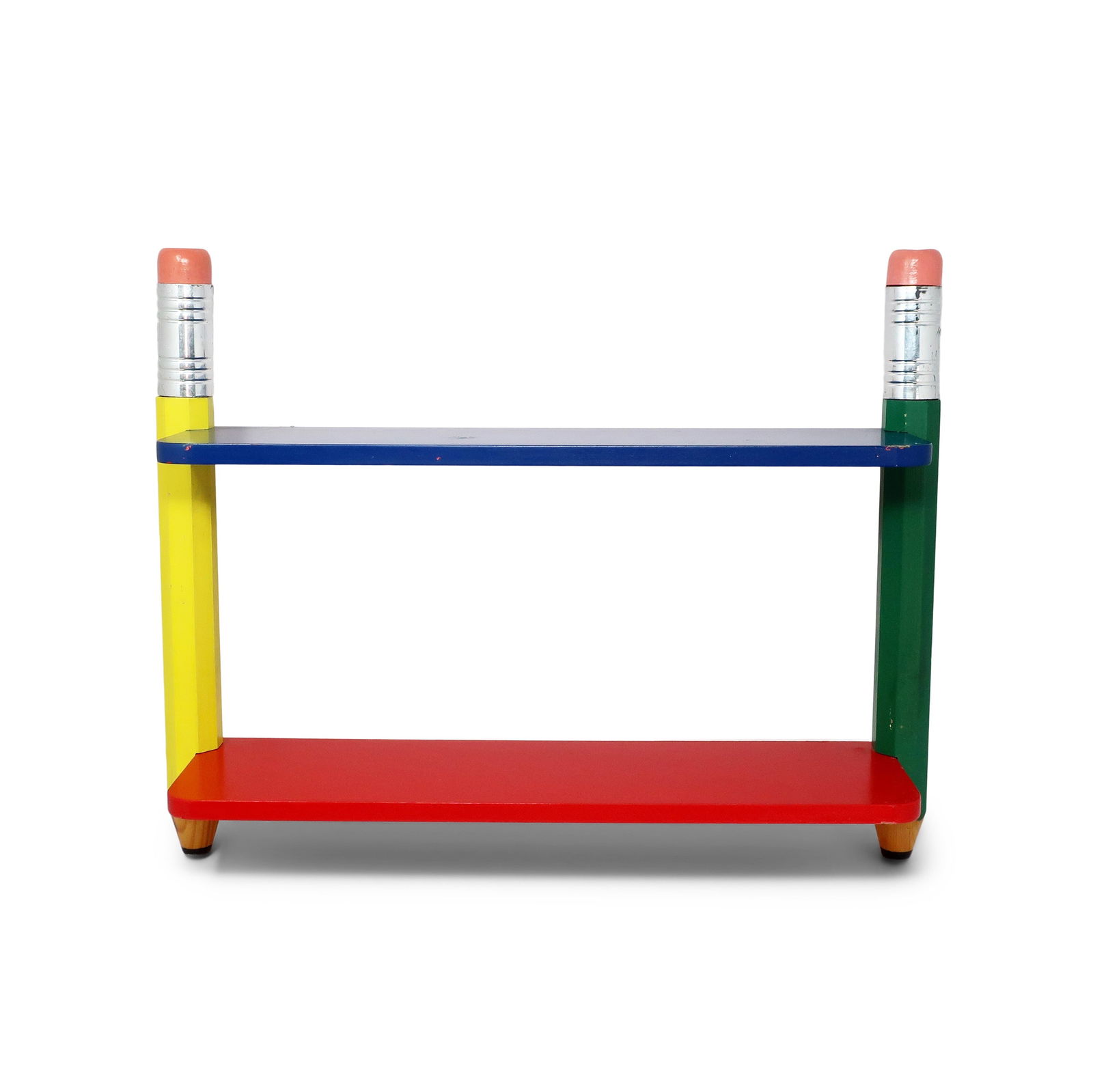 Vintage 1980s Pierre Sala Pencil Wall Shelf: A great piece from Pierre Sala's postmodern pencil themed children's furniture from the 1980s for Pierre Sala Furniture. Design is composed of two shelves, one blue and red, supported by two pencils,