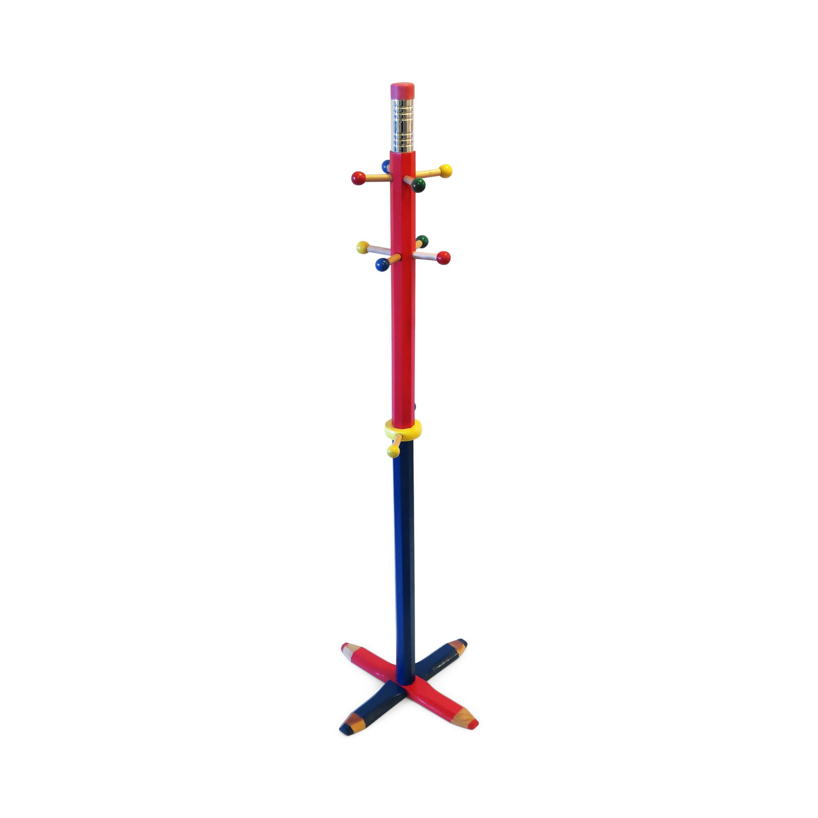 Postmodern Pencil Coat Rack by Pierre Sala: A great postmodern coat rack from Pierre Sala's pencil-themed furniture line from the 1980s for Pierre Sala Furniture. Its strikingly primary colored design is composed of a cross blue and red base, h