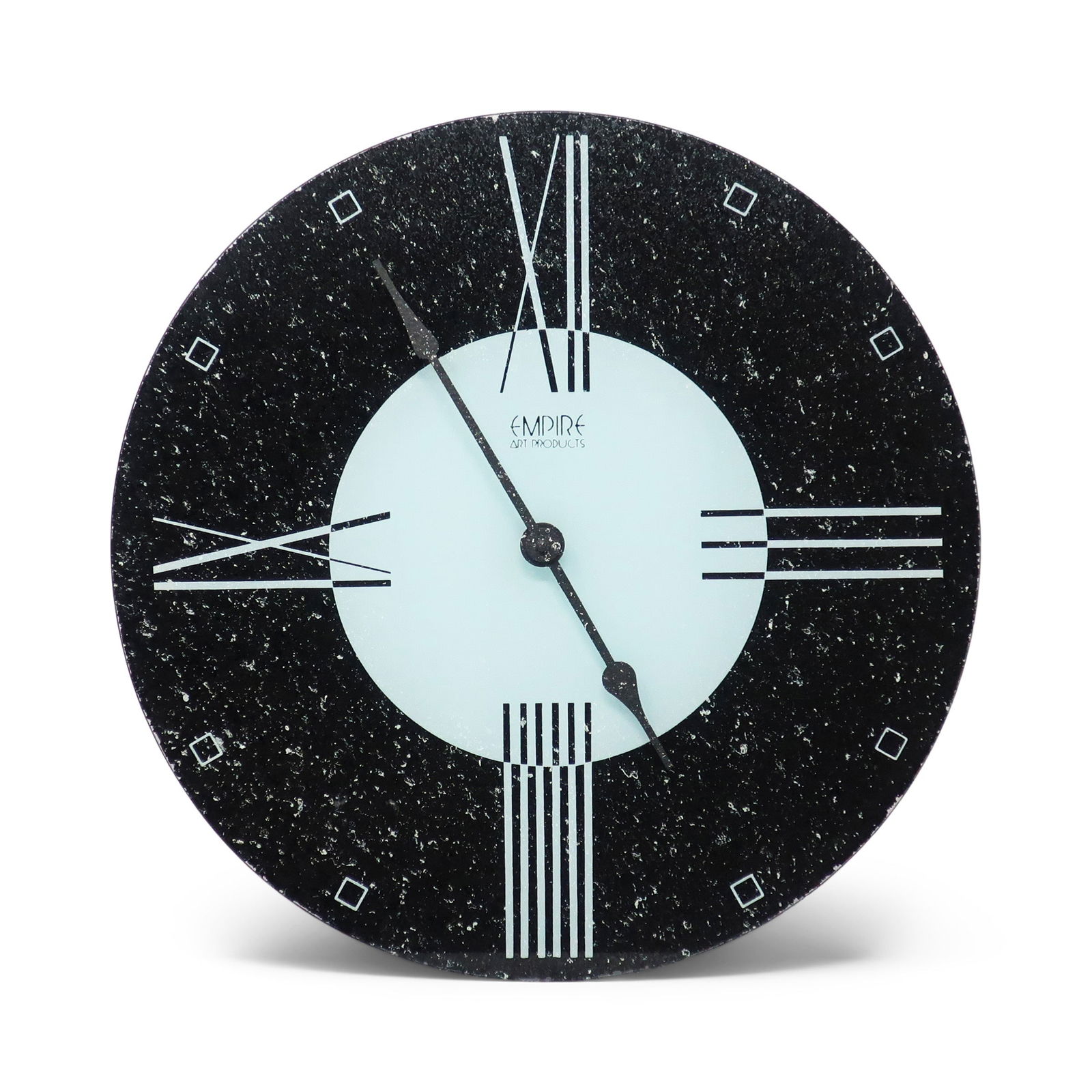 1980s Postmodern Reverse Painted Glass Wall Clock by Empire Art: A postmodern Empire Art Products wall clock that looks like it could be straight out of a 1980s Swatch store or Pee Wee's Playhouse. Black and light blue reverse painted glass with a speckled texture