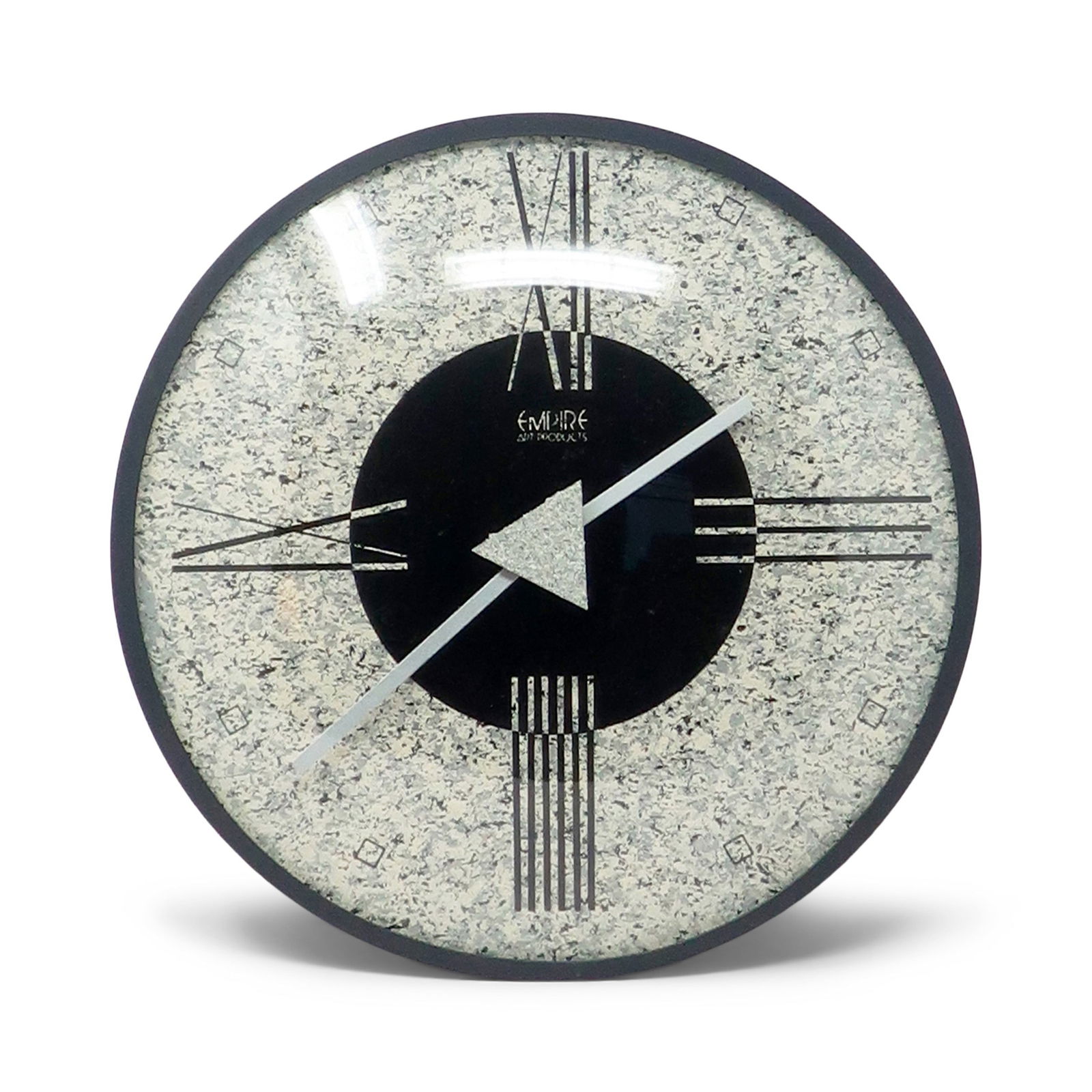 1980s Postmodern Wall Clock by Empire Arts: A vintage 1980s postmodern textured wall clock by Empire Art Products in various shades of spelled gray. In excellent vintage condition and works well. 10.5" x 10.5" x 2" Reserve: $125.00 Shipping: Do