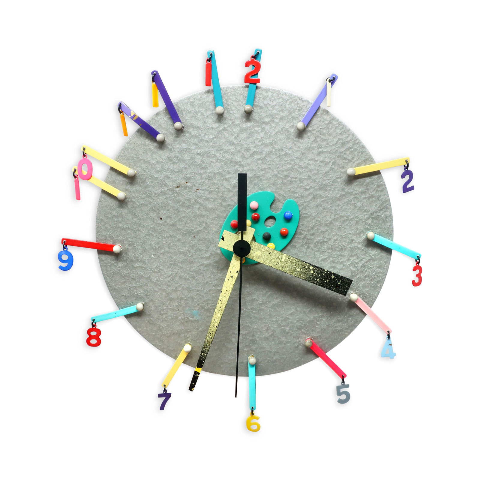 1980s Postmodern Studio Art Wall Clock: A remarkable and unique handmade postmodern studio art wall clock. Maximalism at its finest, this clock has a gray metal face, black and yellow hands, and a 1980s charm bracelet style individually hun