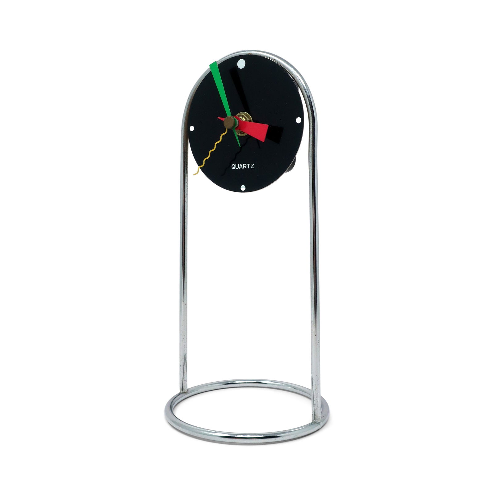 1980s Postmodern Table Clock attr. to Shohei Mihara for Wakita and Canetti: With a chrome frame, black and white face, and geometric hands in green, red, and yellow, this amazing 1980s desk clock has all of the hallmarks of great 1980s Memphis-inspired postmodern design. Unsi