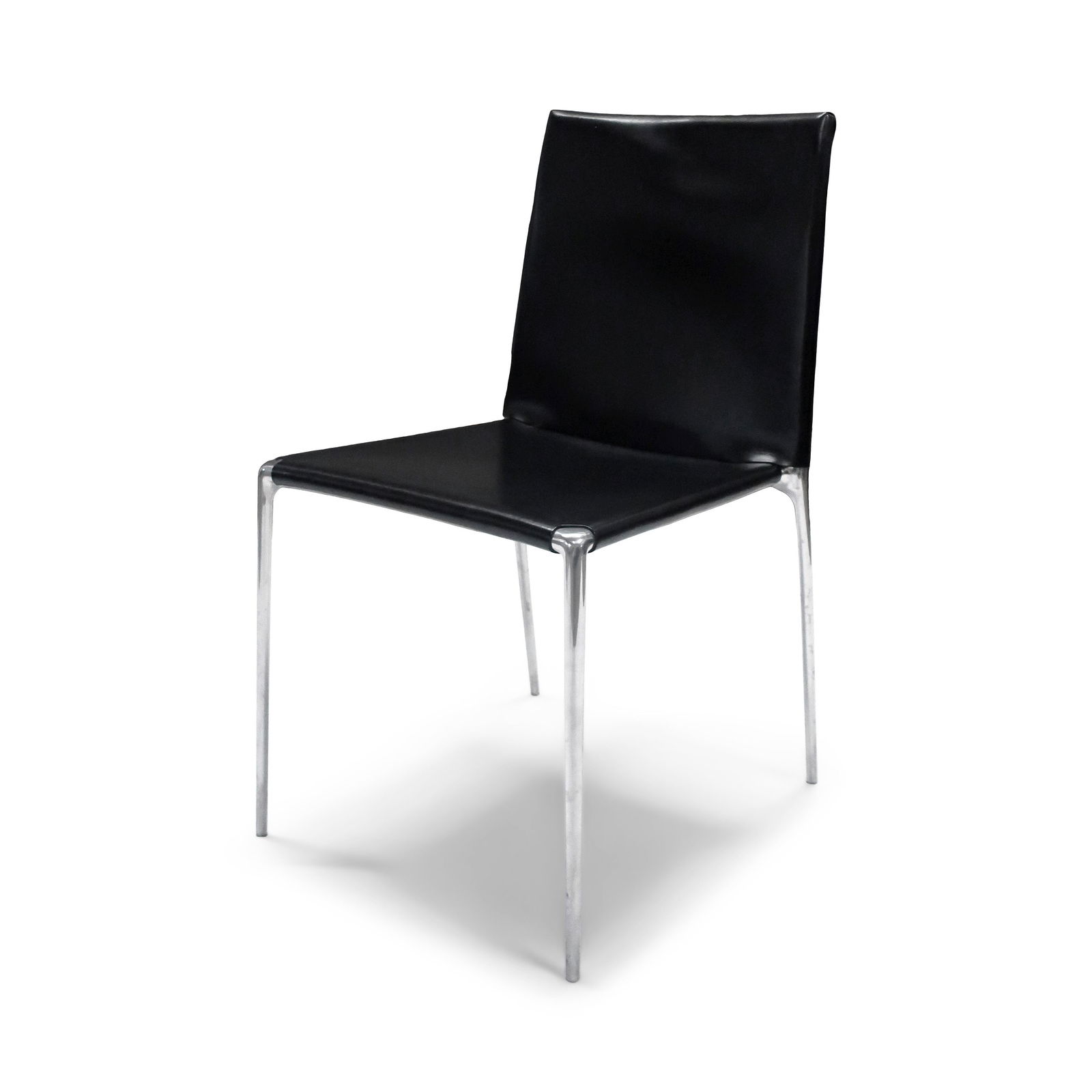 Black Leather Alma Chair by Roberto Barbieri for B&B Italia: Similar to his classic Lia chair for Zanotta, Roberto Barbieri's late 1990s-early 2000s design for the Alma chair is perfect in its simplicity: polished aluminum metal frame, black leather seat and ba