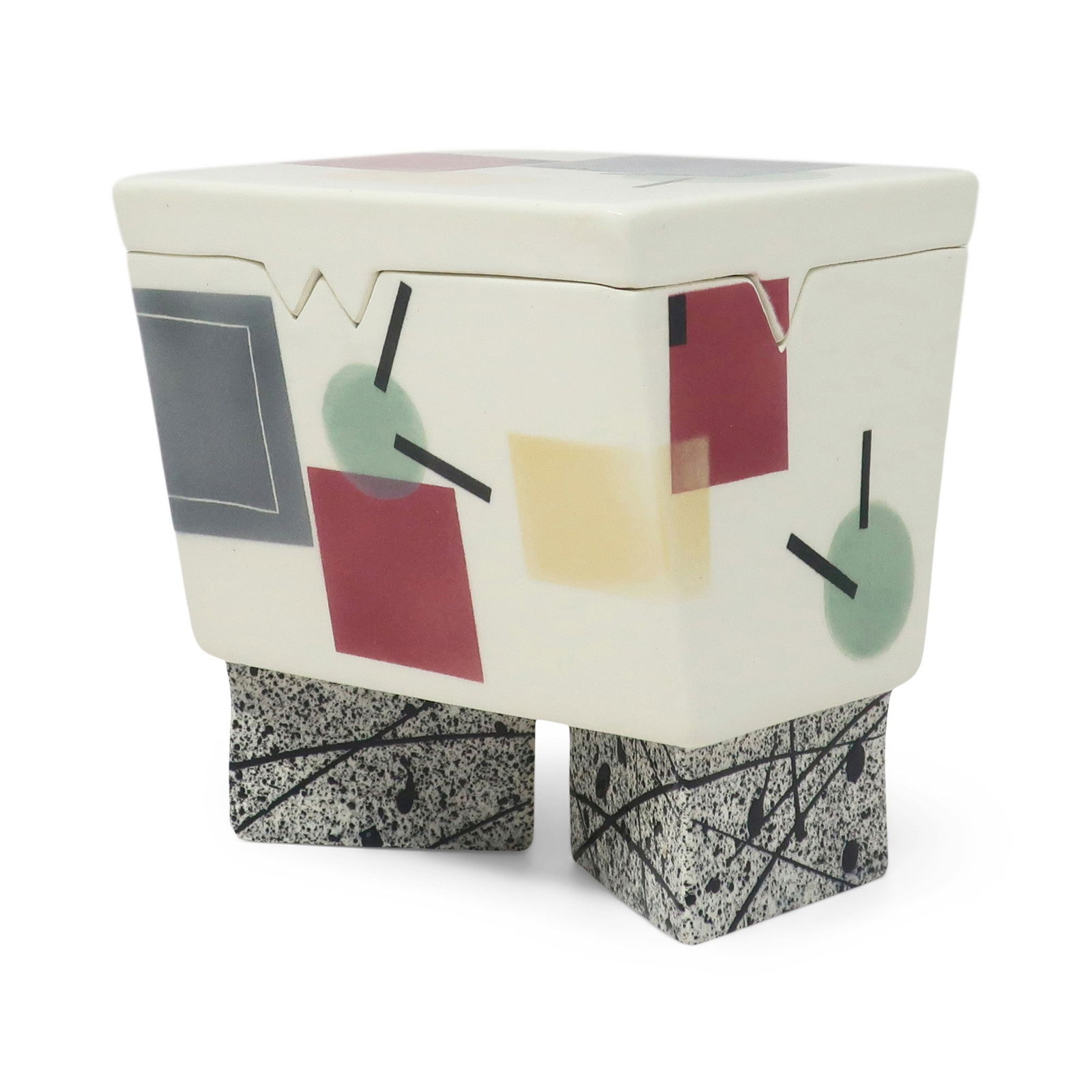 Postmodern Ceramic Box by Rita Duvall (1987): A beautiful handmade Postmodern ceramic trinket or jewelry box by Rita Duvall, similar in style to the work of Peter Shire and Michael Duvall. Glazed in white and rectangular in shape with perfectly a