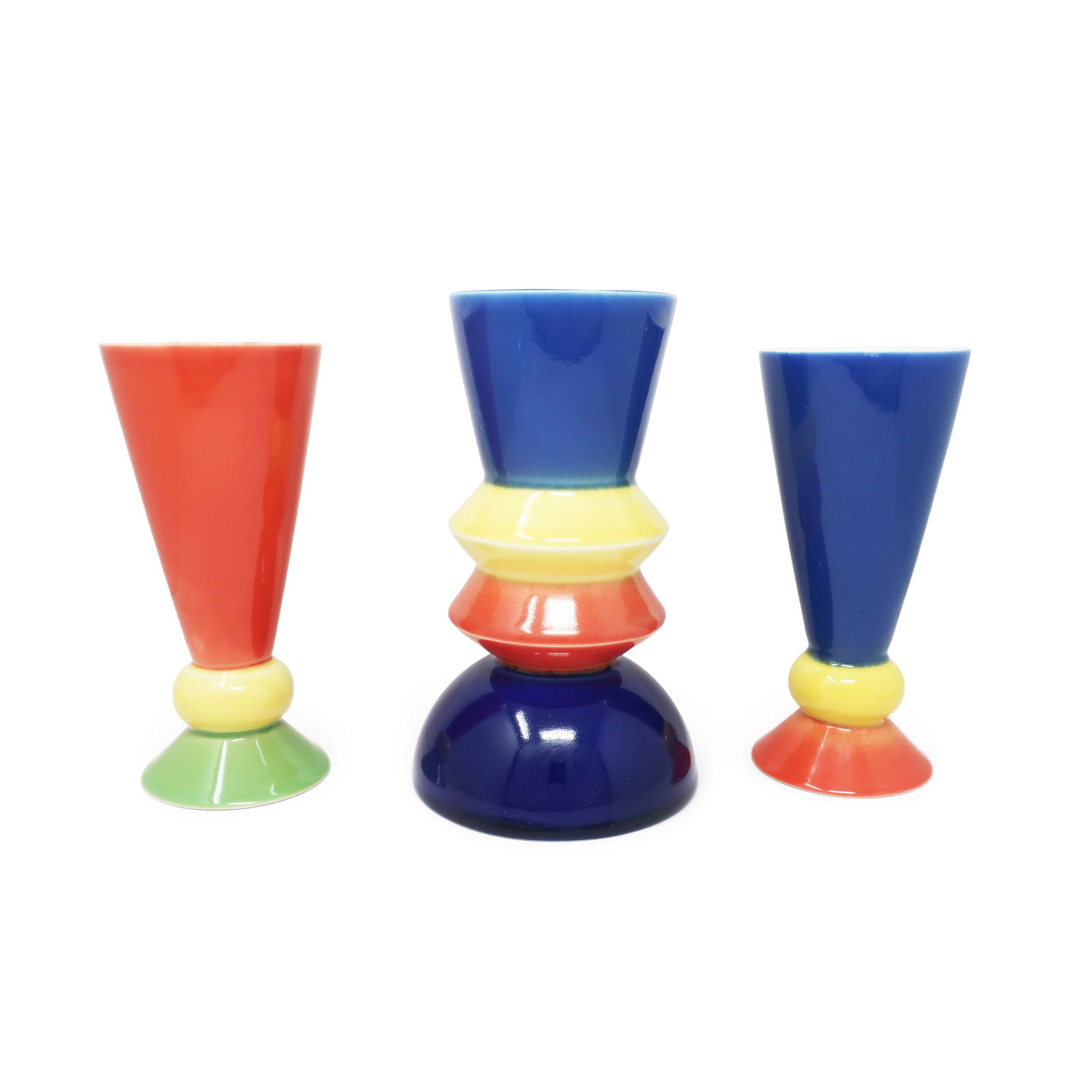 Set of Three Postmodern Vases by Heide Warlamis for Vienna Collection: An outstanding set of three postmodern ceramic vases by Austrian artist and designer Heide Warlamis (born 1942). Part of Warlamis' Vienna Collection design series, these vases utilizes a fantastic mix