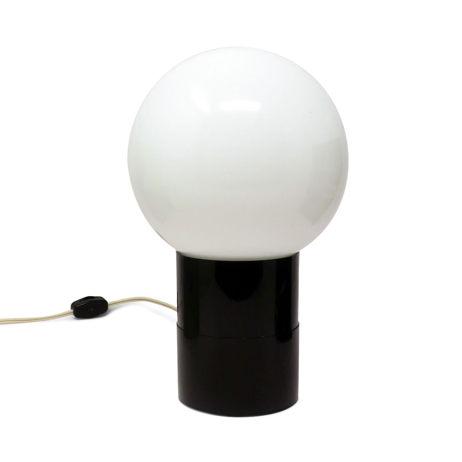 1970s Space Age Globe Table Lamp: A very cool mid-century modern lamp with a black base and removable frosted glass globe to cover the lightbulb inside. Takes a regular sized light bulb and on/off switch is on the cord. In very good v