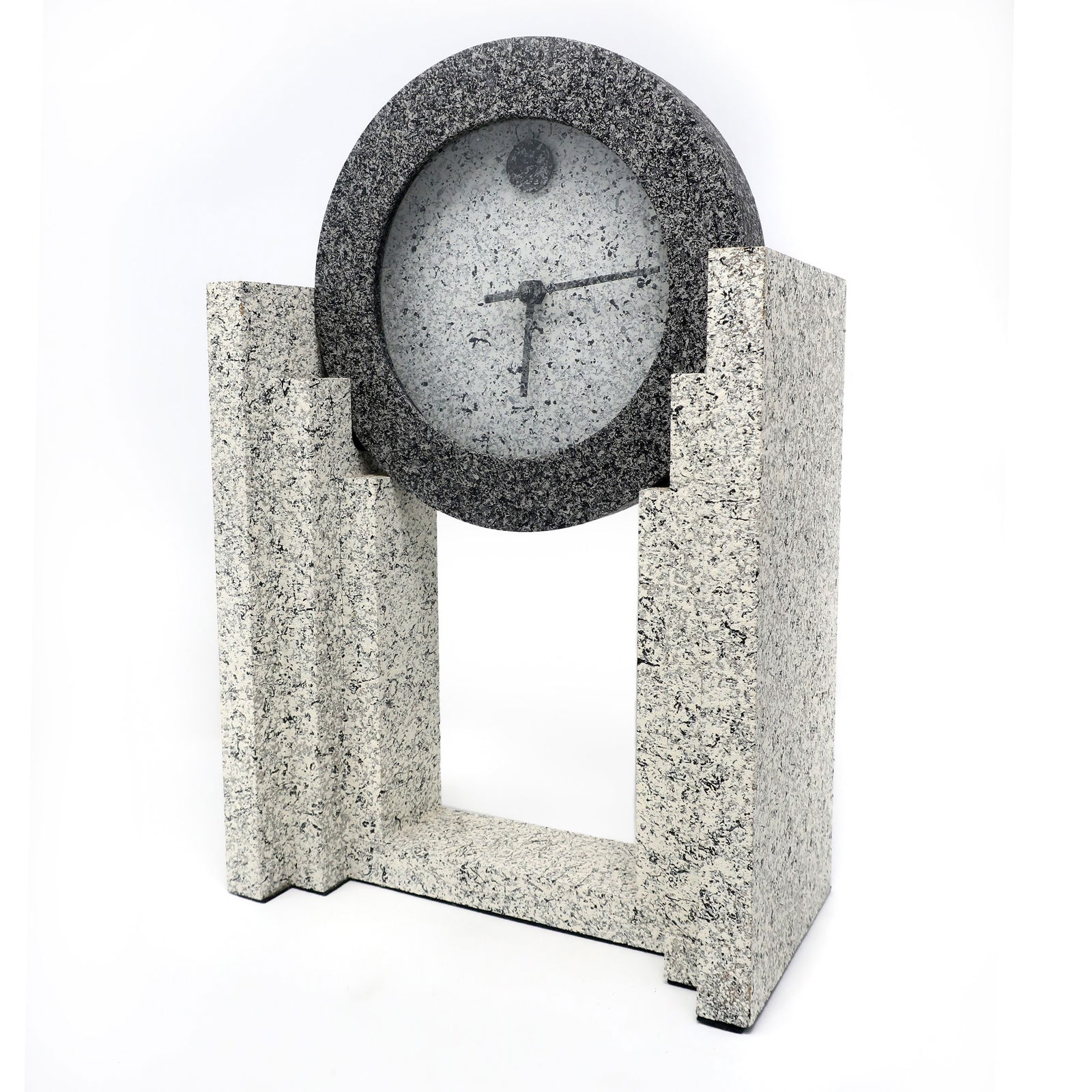 1980s Post Modern Mantle Clock by Empire Arts: A vintage 1980s postmodern textured mantle clock by Empire Art Products in various shades of spelled gray. In very good vintage condition and works well. 9.5" x 5" x 14.5" Reserve: $150.00 Shipping: D