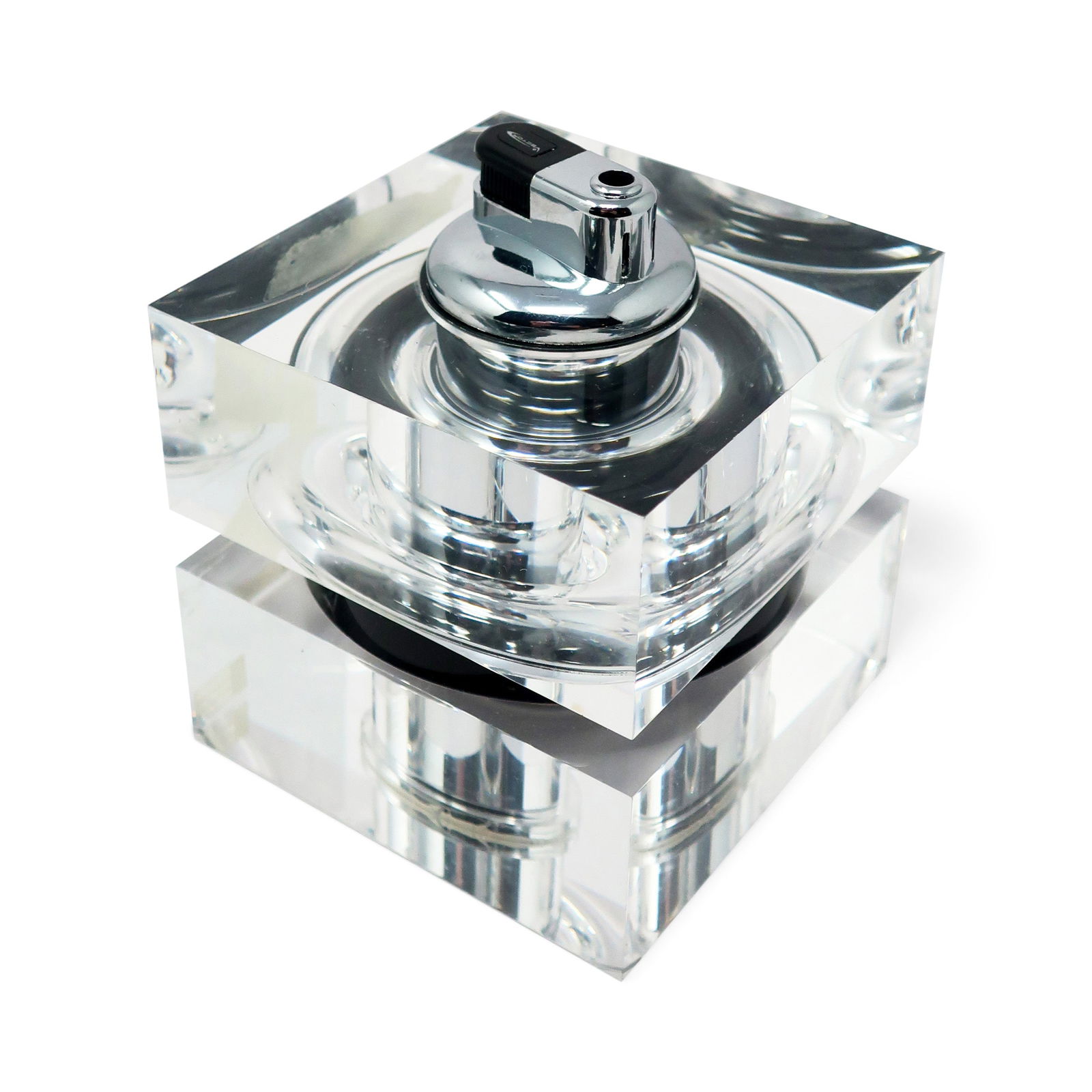 1980s Lucite and Chrome Table Lighter by Felice Antonio Botta: A gorgeous Italian modernistic lucite and chrome table lighter by Felice Antonio Gotta from the 1970s or 1980s. Designed with two square clear lucite blocks separated by a round black lucite ring and