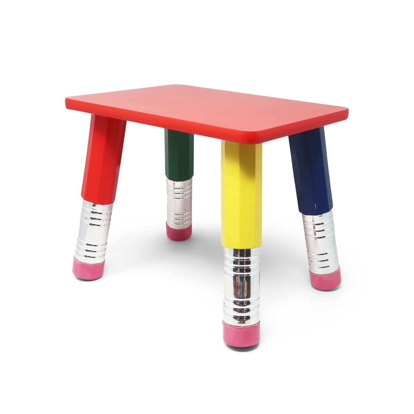 Vintage 1980s Pierre Sala Pencil Stool: A great piece inspired by Pierre Sala's postmodern pencil-themed children's furniture from the 1980s. The chair's design is composed of a red seat supported by four pencils, one yellow, one green, one