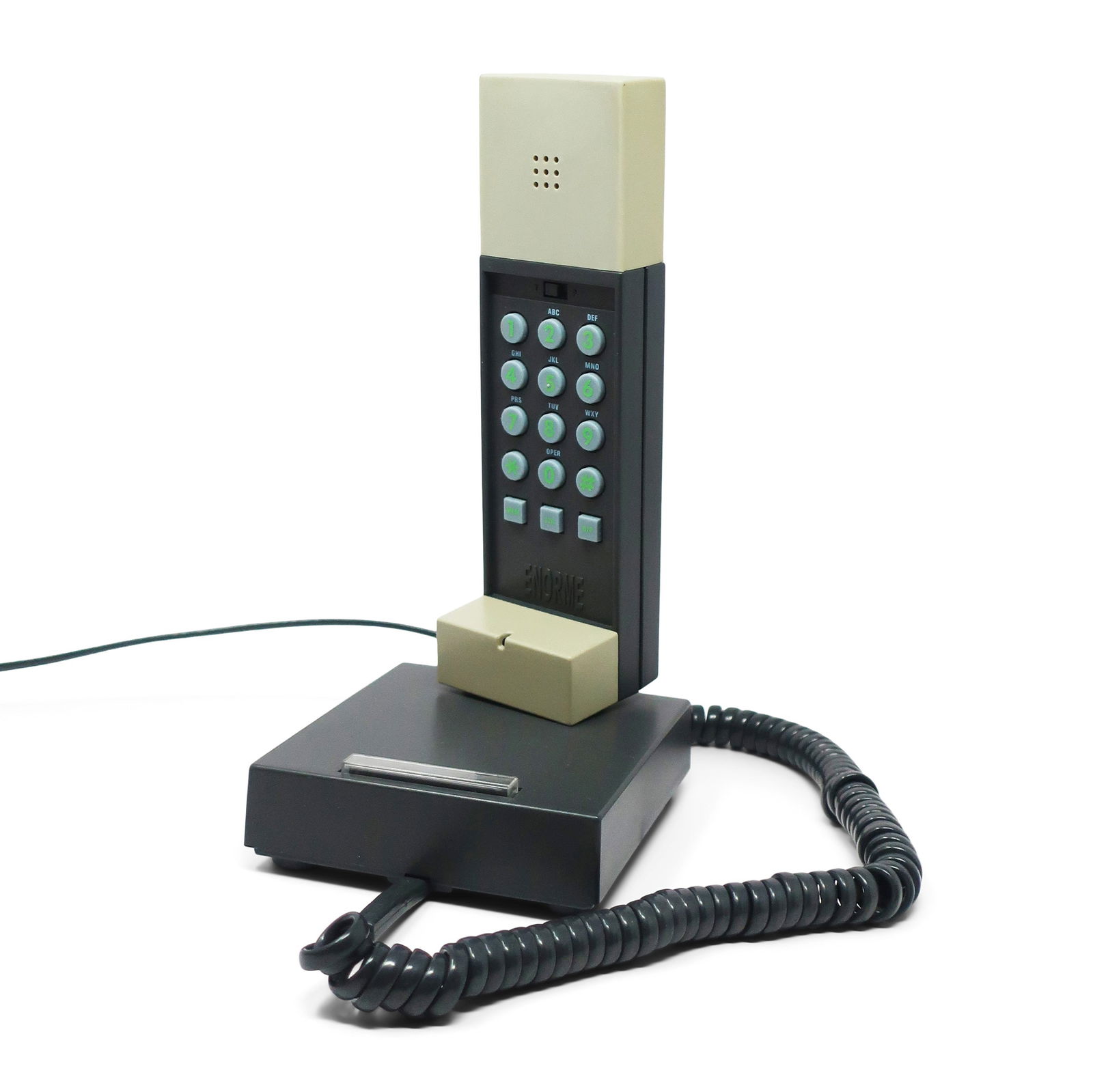 1986 Gray and Black Enorme Telephone by Ettore Sottsass for Enorme: A perfectly postmodern telephone designed by the Memphis Milano master, Ettore Sottsass, and produced in 1986. The Enorme phone was produced in another color way but this is the much rarer gray and bl