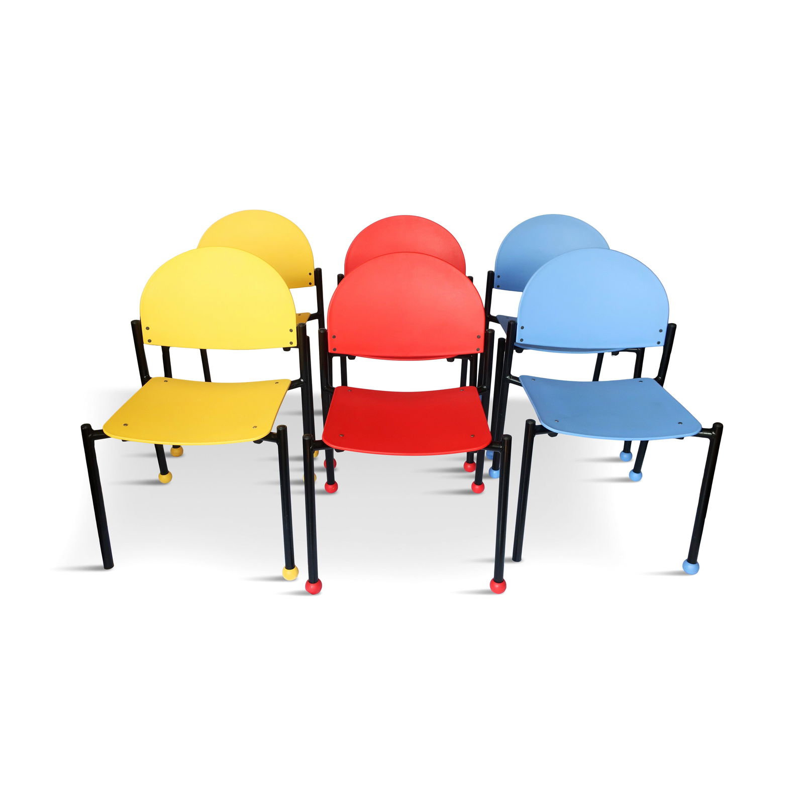 Set of Six 1980s Bola Chairs by Ron Kemnitzer: The Bola chair was designed in 1988 by Ron Kemnitzer for Fixtures Furniture Company and was winner of the Institute of Business Design (IBD) Gold Award. An extremely fun and practical chair, this set
