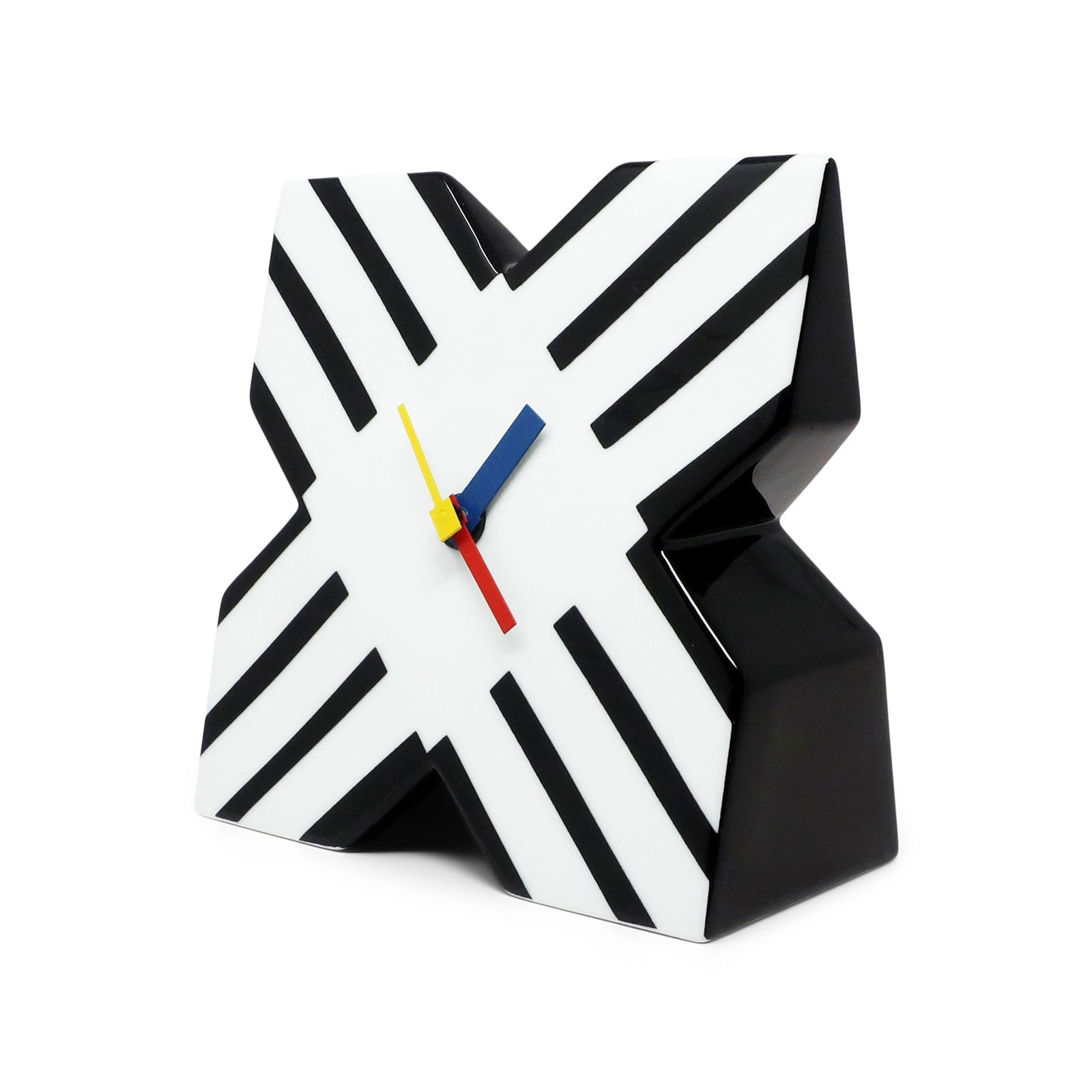 Postmodern Procelain Clock by Marcello Morandini for Rosenthal Studio Line: A fantastic porcelain desk or table clock by Italian designer Marcello Morandini for German ceramics powerhouse Rosenthal for their designer focused Studio Line. Black and white graphic on an X shape