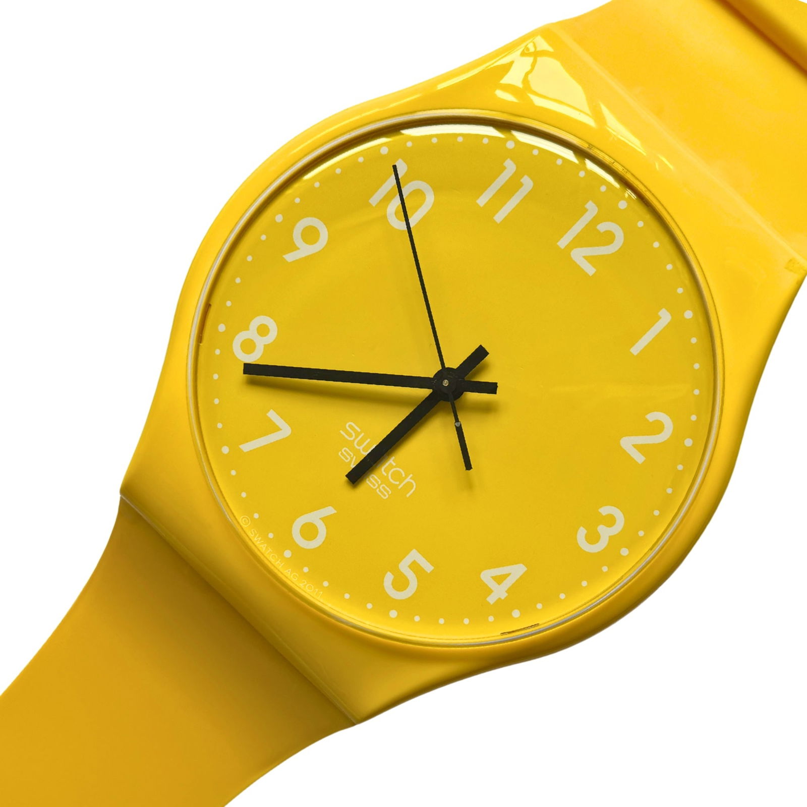 Vintage Swatch Maxi “Lemon Time” Wall Clock: A stunning vintage Swatch Maxi "Lemon Time" wall clock. Looks exactly like a Swatch wrist watch blown up to fit a giant's wrist! Standing seven feet tall, this amazing clock has yellow bands, case, an