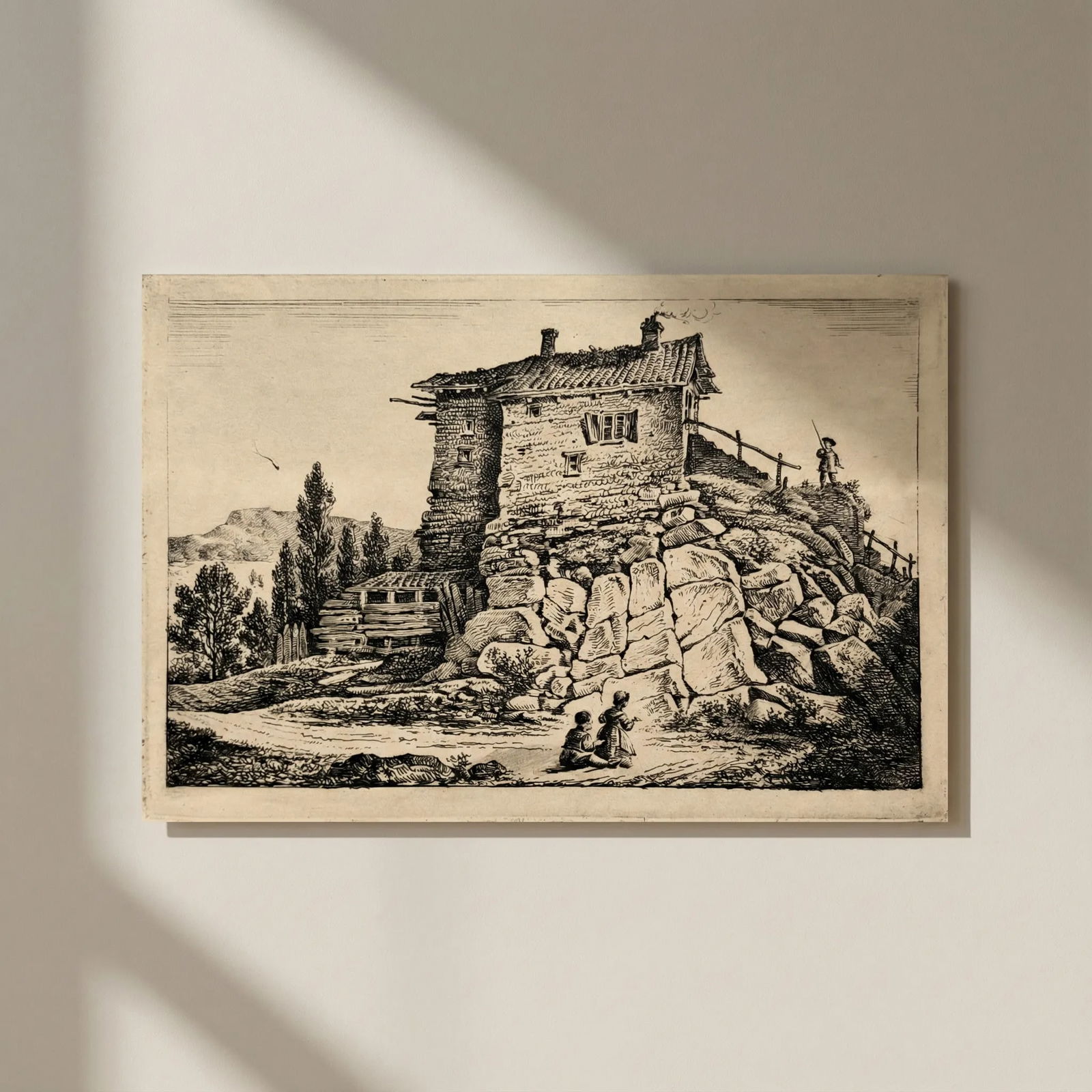 Antique Original Engraving Landscape, People, Children, House, Forest, Trees