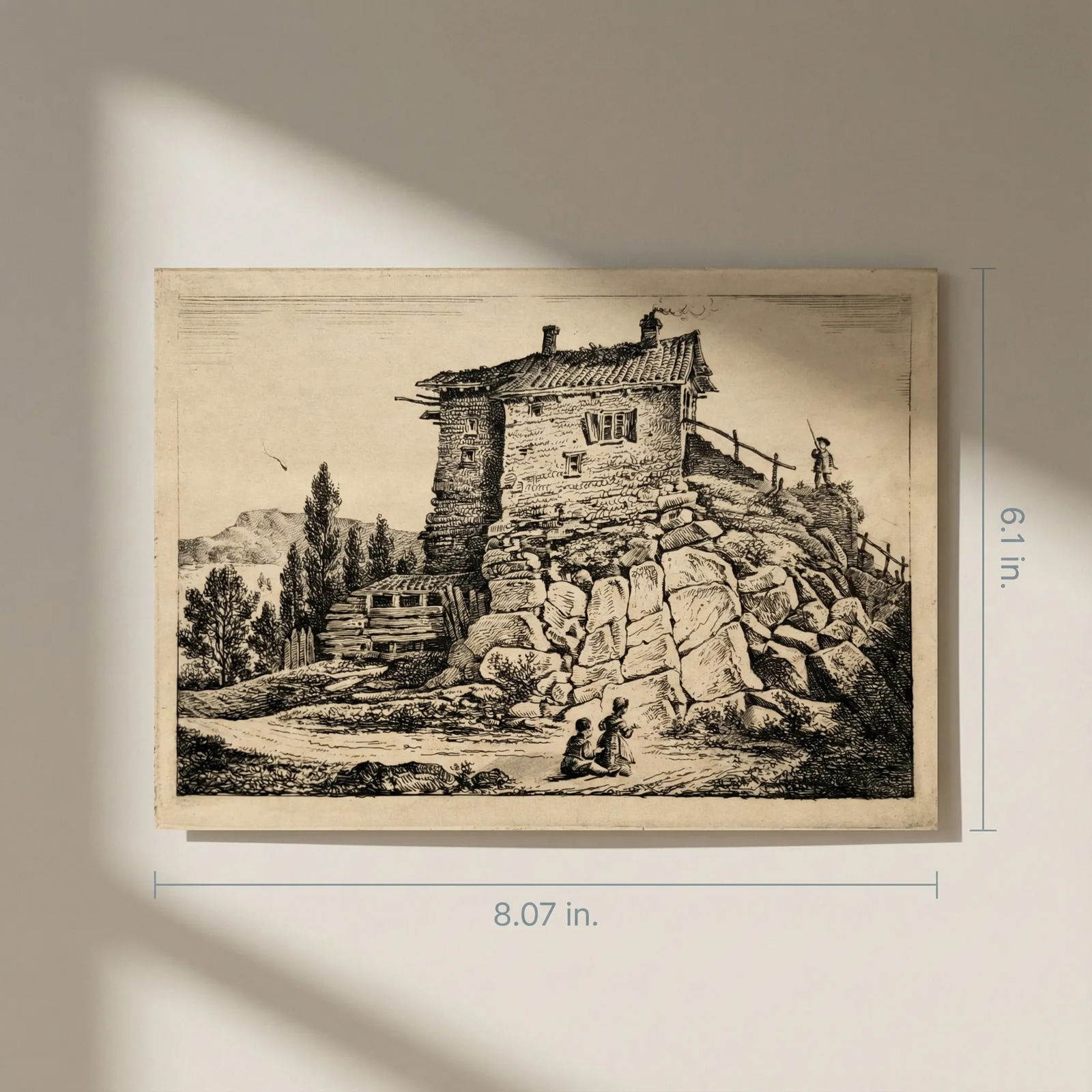 Antique Original Engraving Landscape, People, Children, House, Forest, Trees - 2