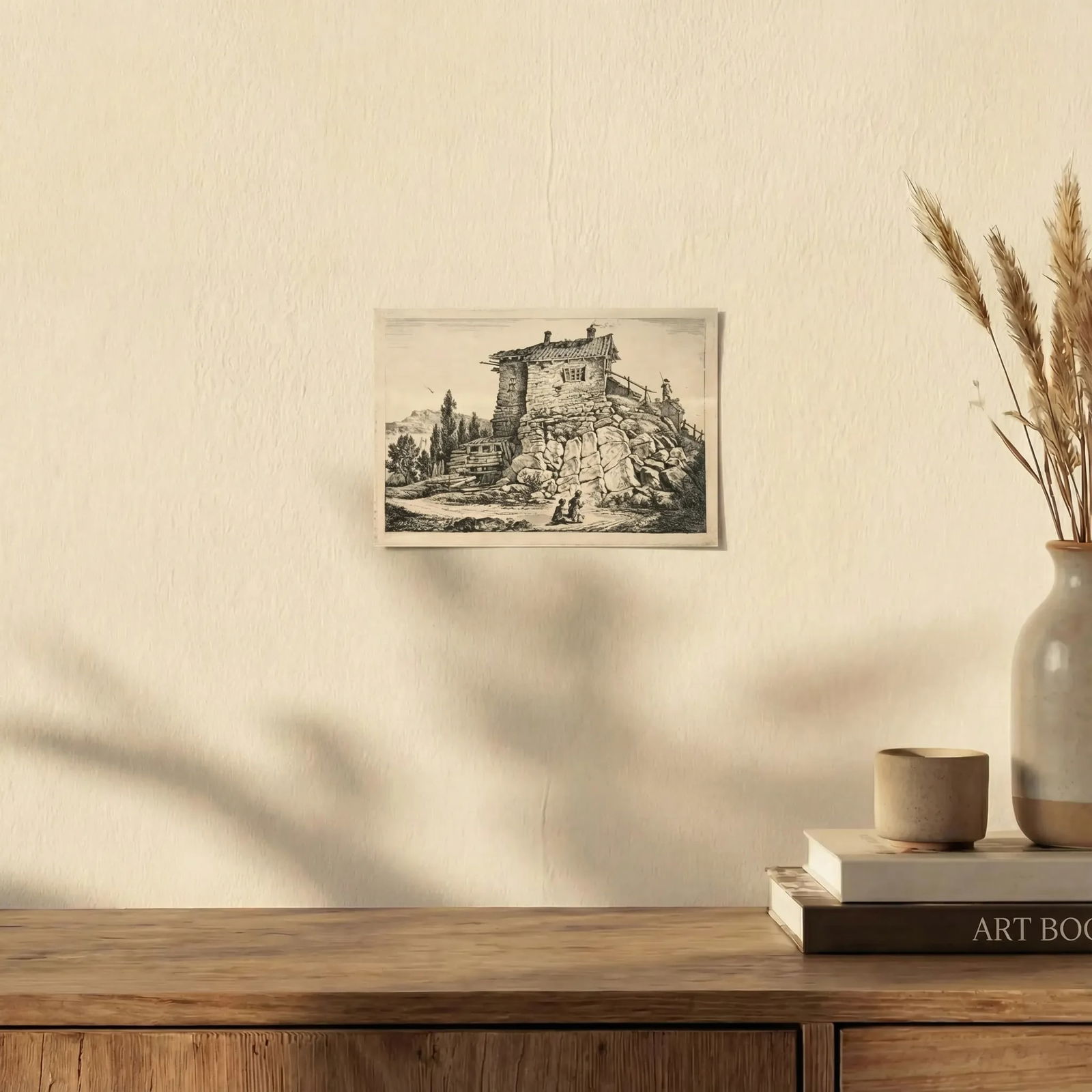 Antique Original Engraving Landscape, People, Children, House, Forest, Trees - 3