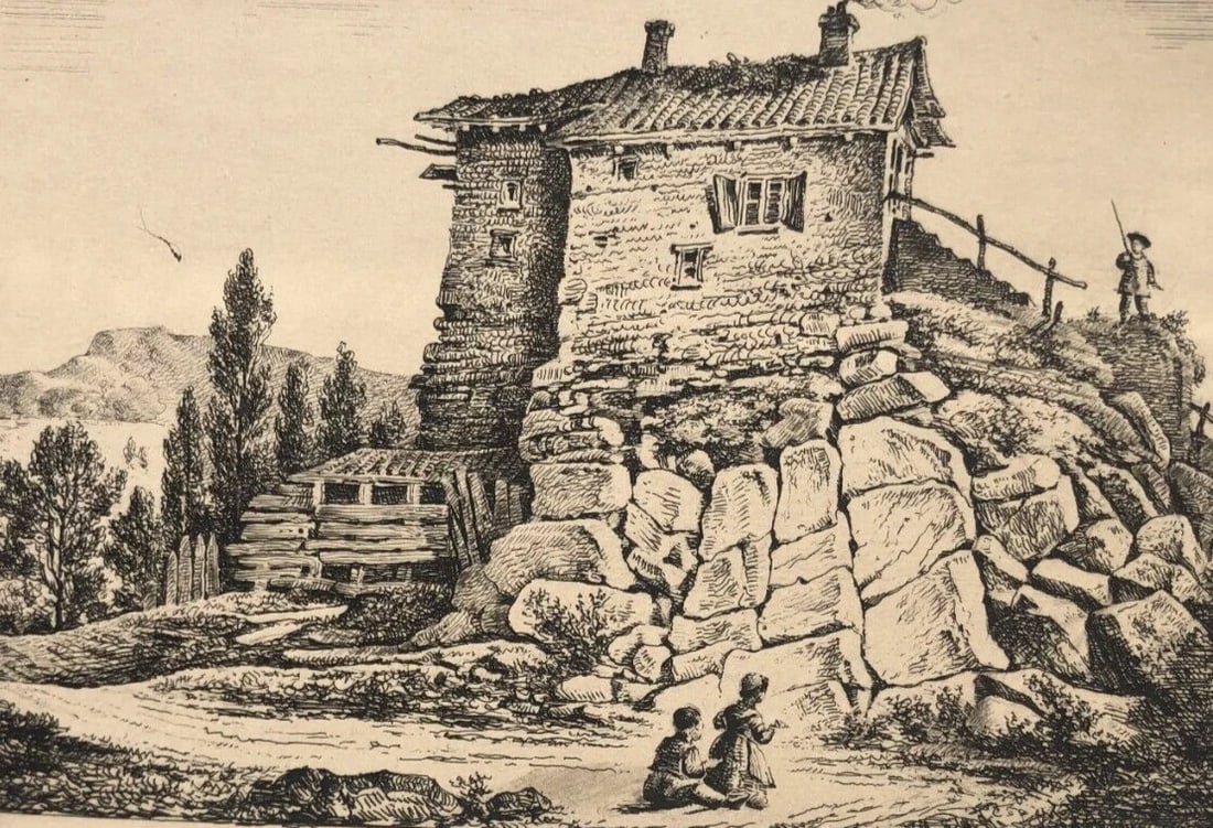 Antique Original Engraving Landscape, People, Children, House, Forest, Trees - 4