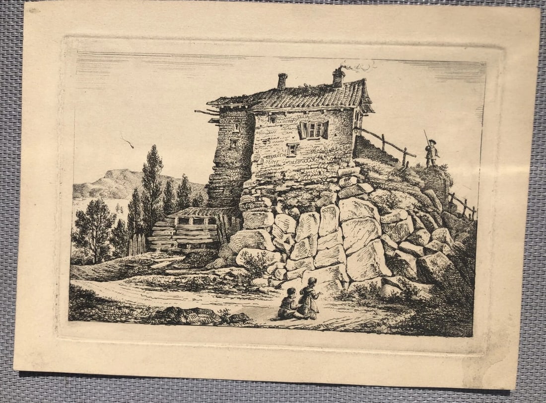 Antique Original Engraving Landscape, People, Children, House, Forest, Trees - 5