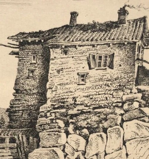 Antique Original Engraving Landscape, People, Children, House, Forest, Trees - 6