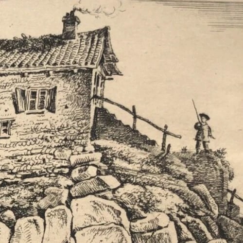 Antique Original Engraving Landscape, People, Children, House, Forest, Trees - 7