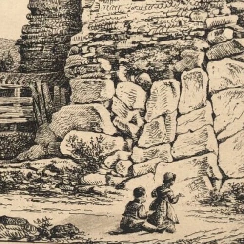 Antique Original Engraving Landscape, People, Children, House, Forest, Trees - 9