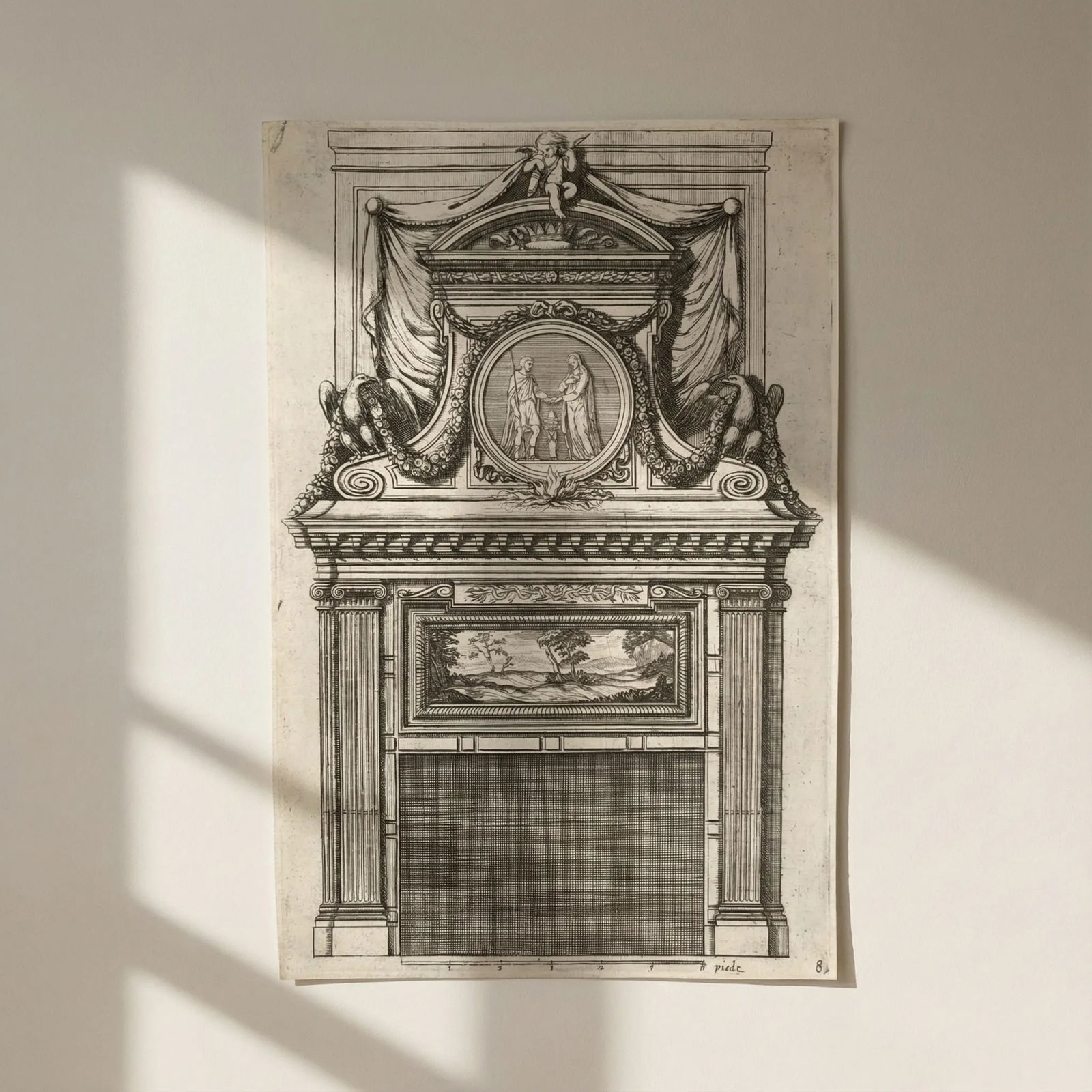 Etching Original Antique 17th century Architecture, Fireplace, Sculptures x4: Title: Etching Original Antique 17th century Architecture, Fireplace, Sculptures x4 Description: This is an antique item (over 100 years old), and you may be eligible for reduced or exempt customs dut