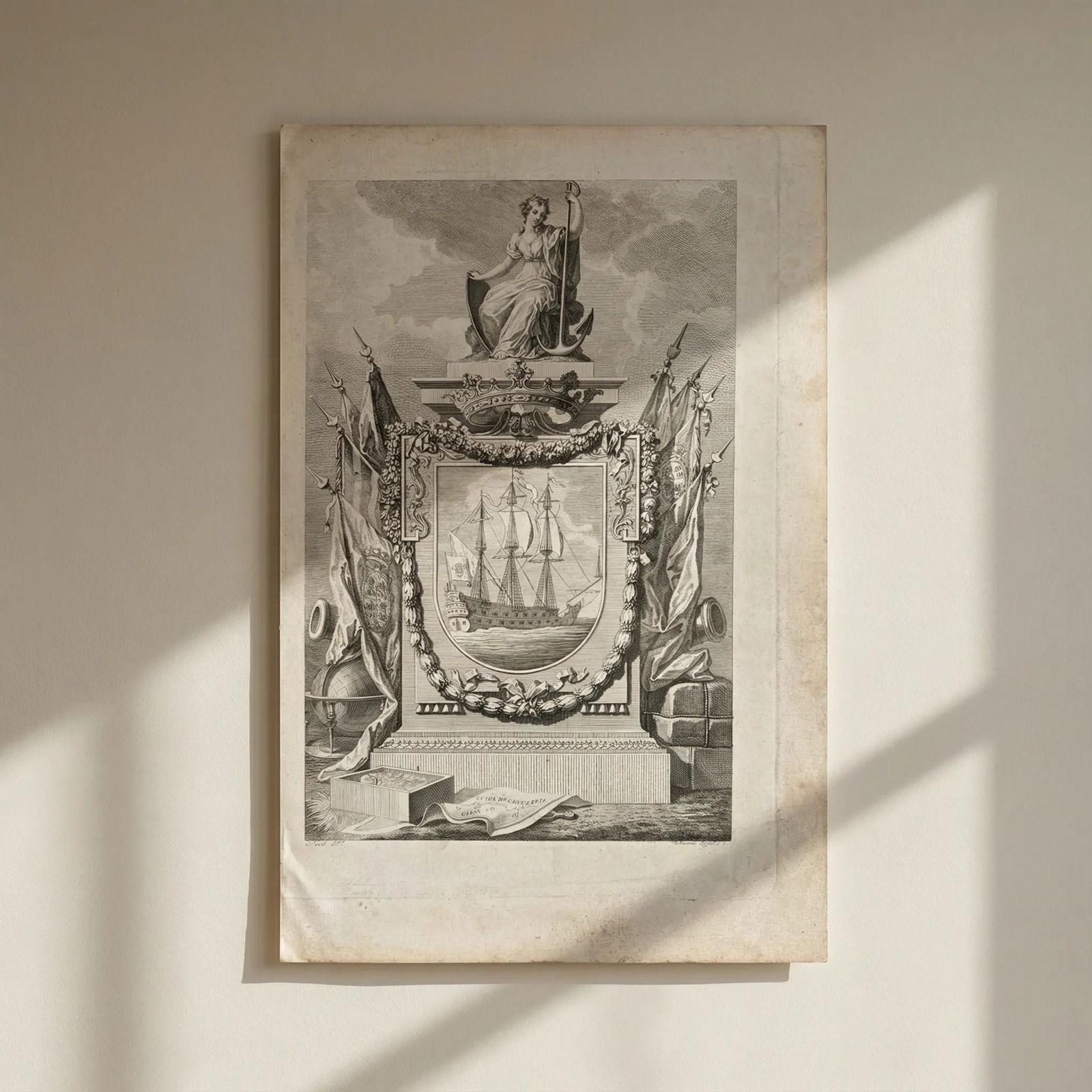 Etching Original Etching Boat, Woman, Flags, Sculpture, Travel: Title: Etching Original Etching Boat, Woman, Flags, Sculpture, Travel Description: This is an antique item (over 100 years old), and you may be eligible for reduced or exempt customs duties under EU r