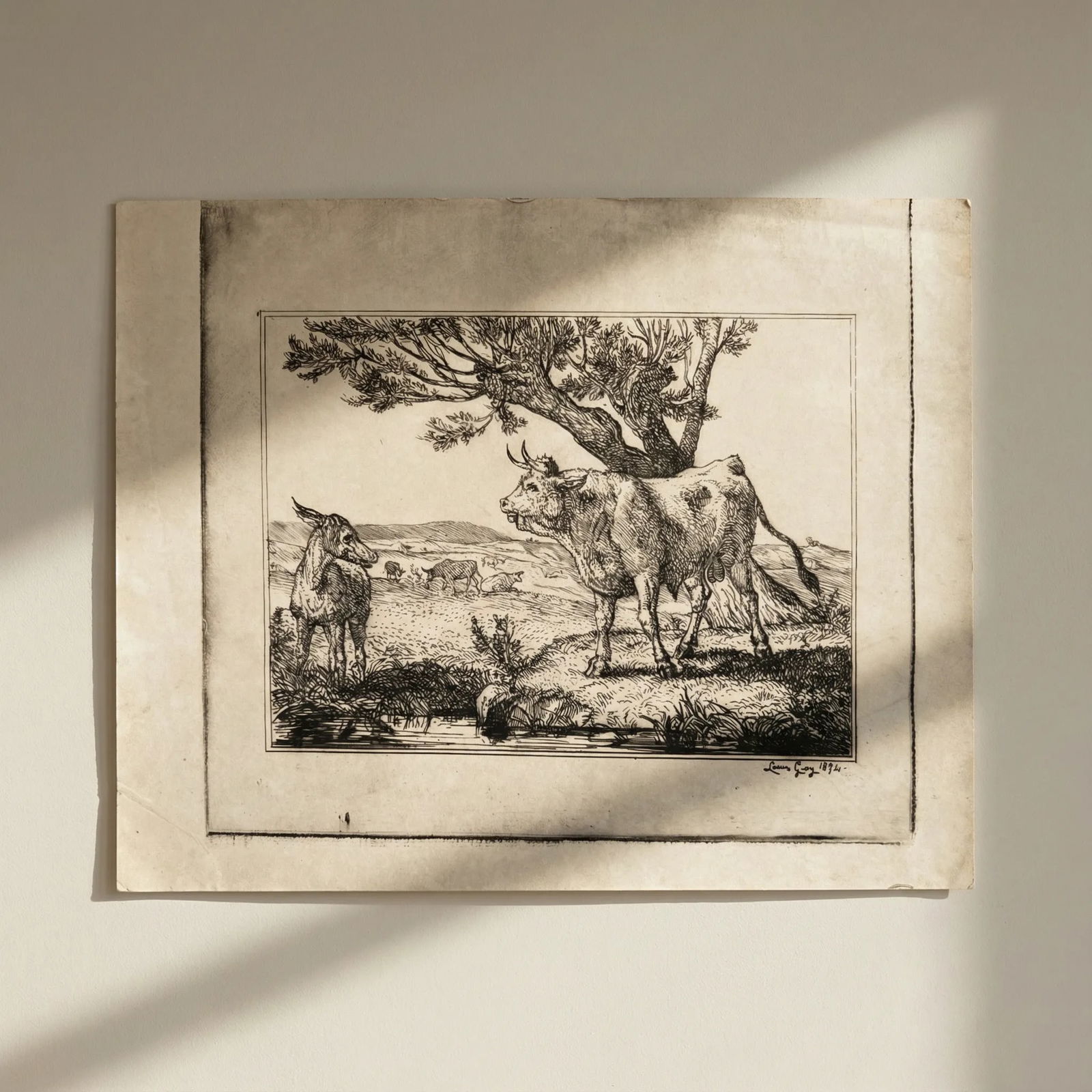 Louis GUY (1824-1888) Landscape, Cows 1875 - Etching Original