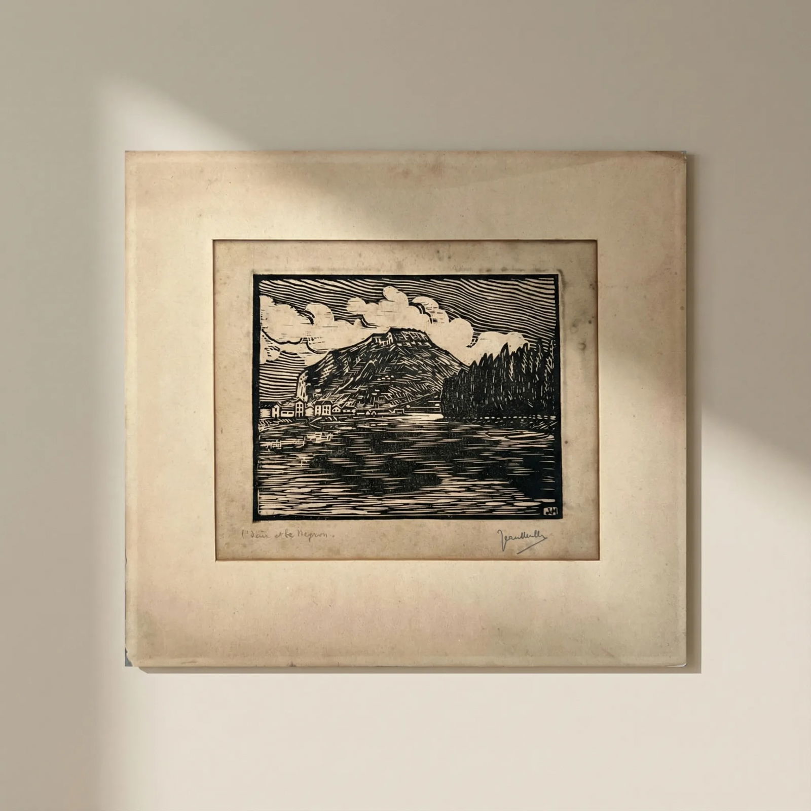 Isere et Meylan, Landscape, Lake, Houses Antique Etching Original signed