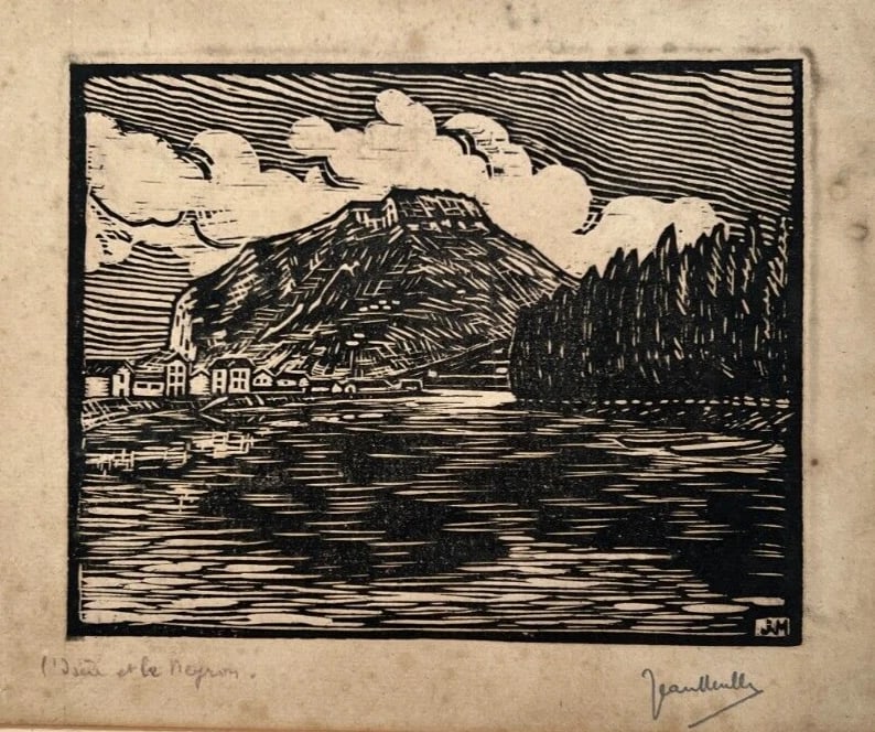 Isere et Meylan, Landscape, Lake, Houses Antique Etching Original signed - 3