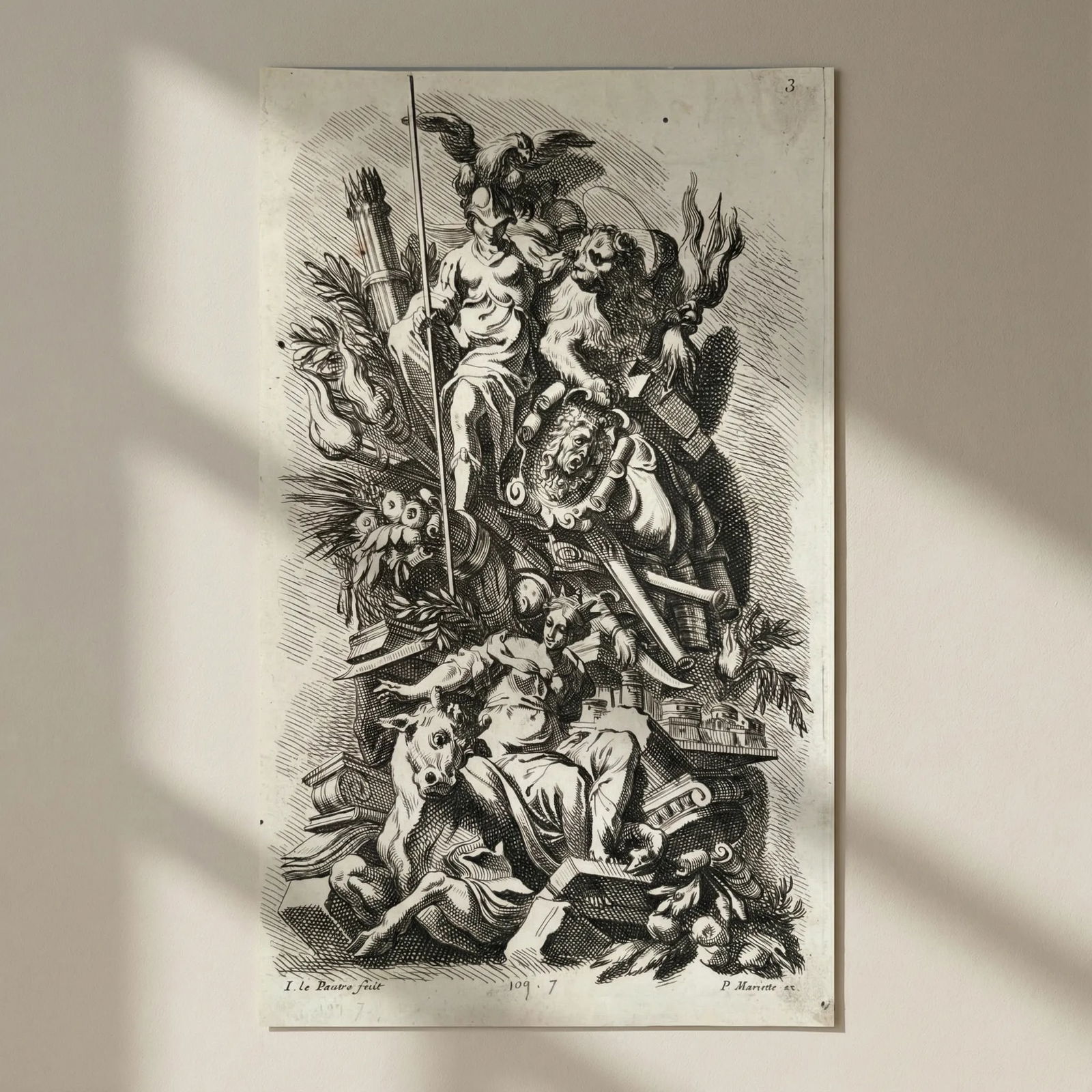 Antique Etching Original Jean Lepautre, Decoration, Architecture, People, Animal