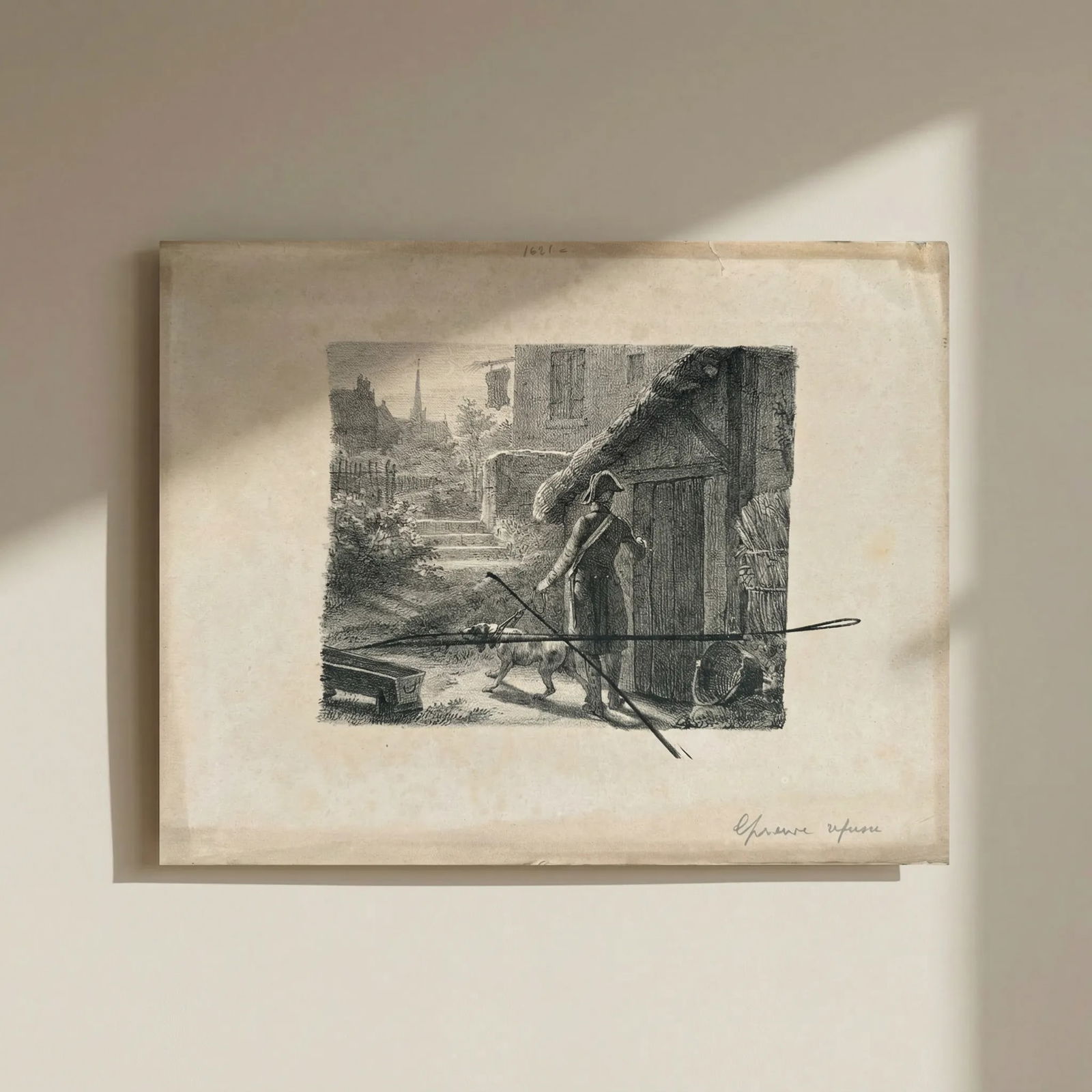 Antique Etching Original Man, Military, Dog, Landscape, House, Epreuve Refused