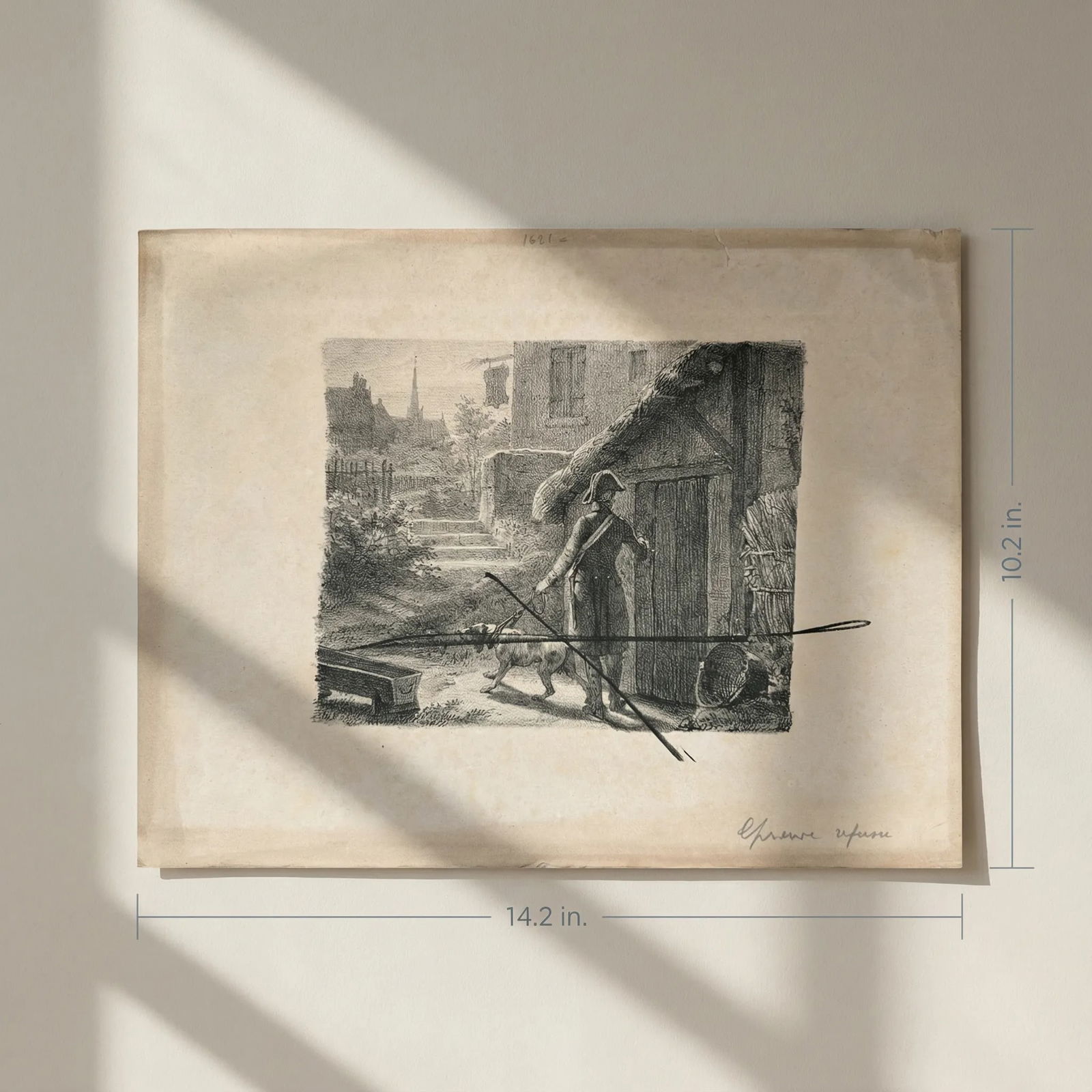 Antique Etching Original Man, Military, Dog, Landscape, House, Epreuve Refused - 2