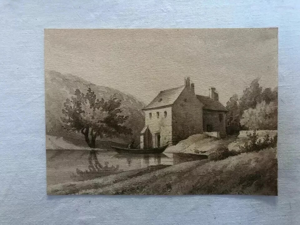 Antique Ink Drawing House Landscape, Boat and Figures 1862 - 10
