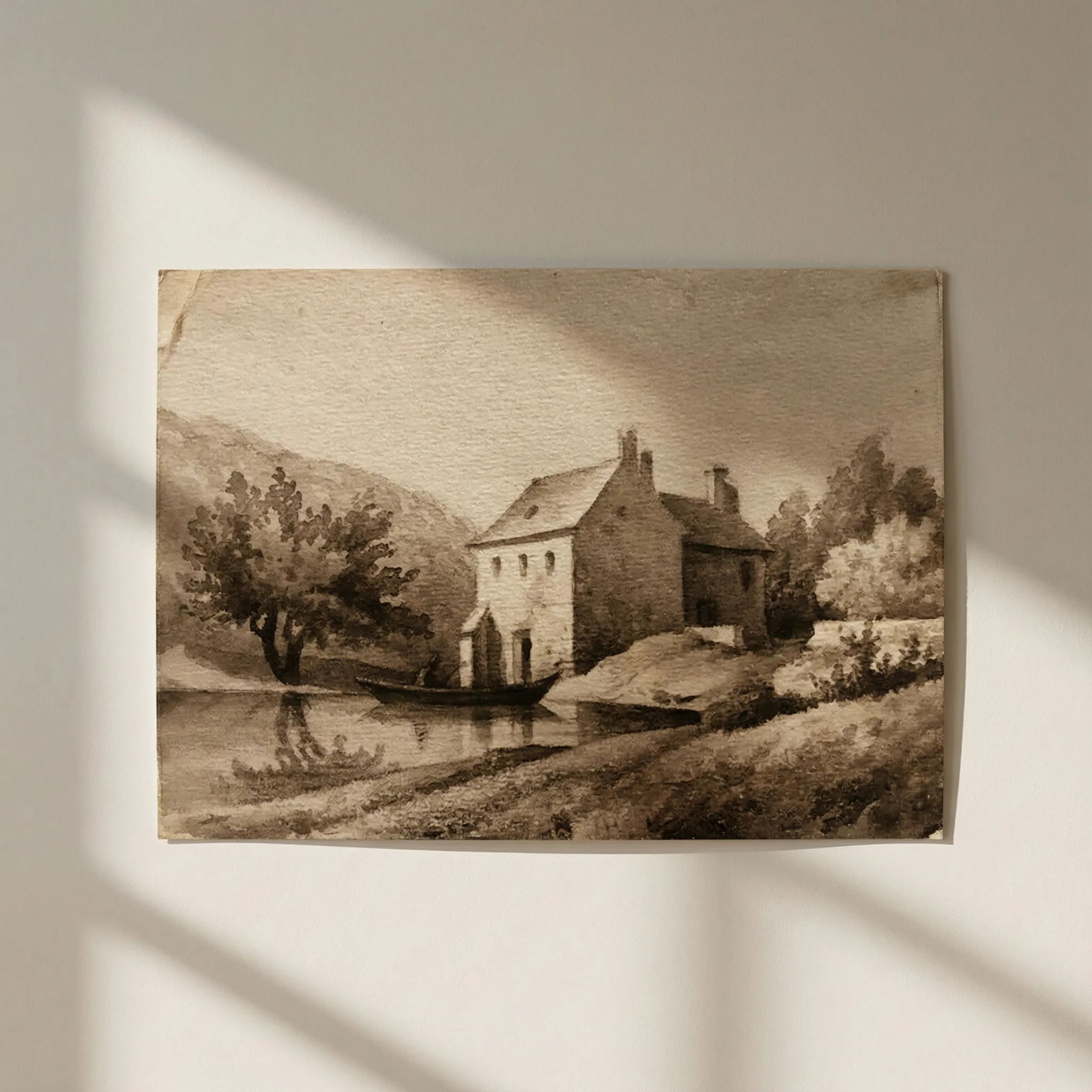 Antique Ink Drawing House Landscape, Boat and Figures 1862