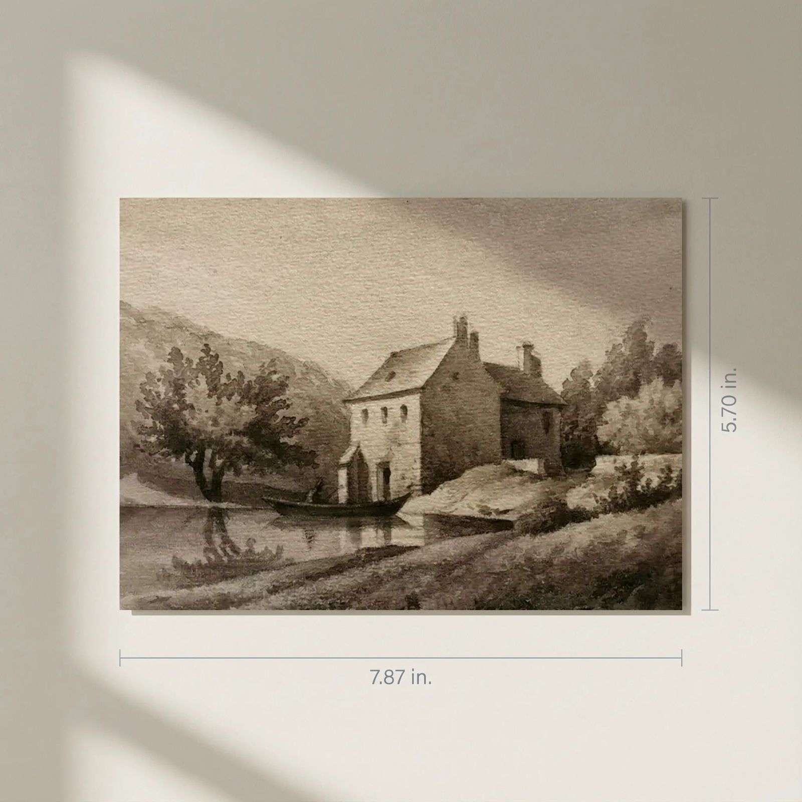 Antique Ink Drawing House Landscape, Boat and Figures 1862 - 2