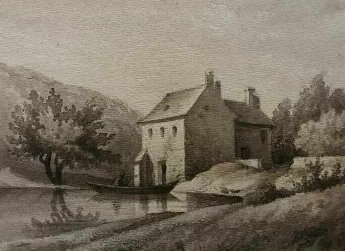 Antique Ink Drawing House Landscape, Boat and Figures 1862 - 3