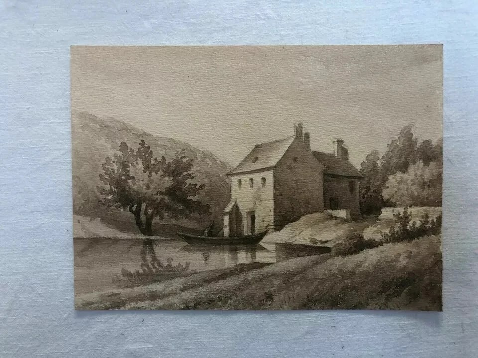 Antique Ink Drawing House Landscape, Boat and Figures 1862 - 4