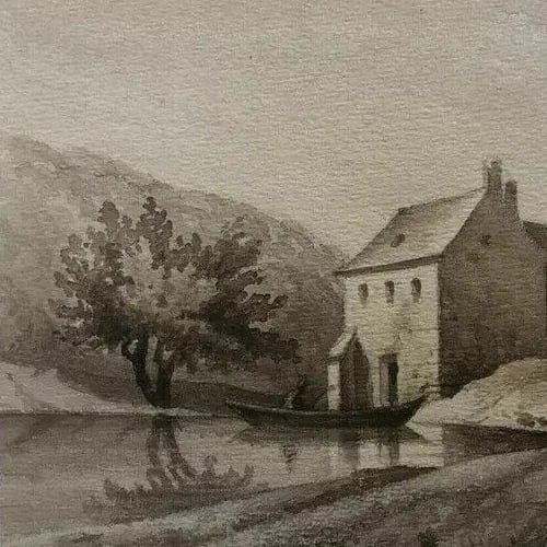 Antique Ink Drawing House Landscape, Boat and Figures 1862 - 5
