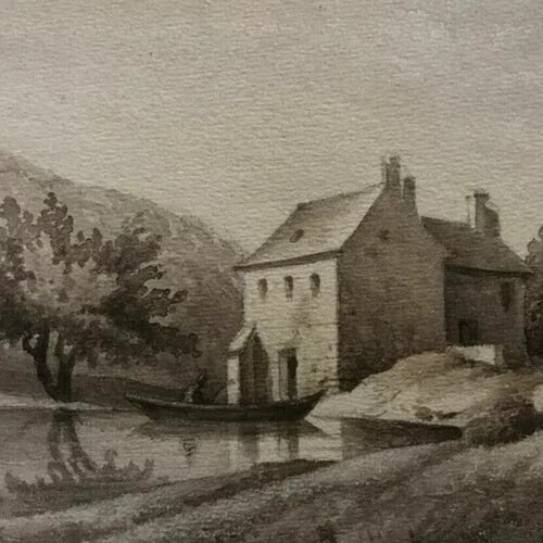 Antique Ink Drawing House Landscape, Boat and Figures 1862 - 6