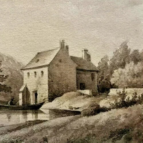 Antique Ink Drawing House Landscape, Boat and Figures 1862 - 7