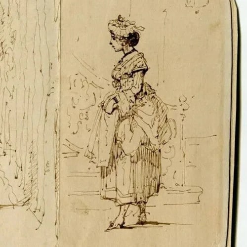 Antique Ink Original Drawing 19th century Portrait Man and Woman - 9