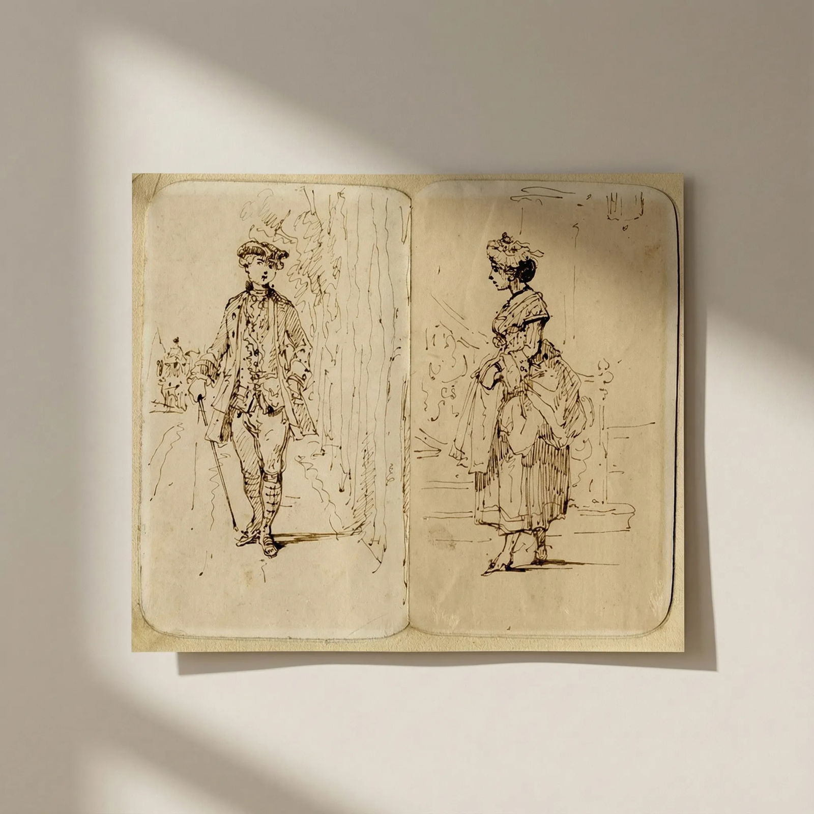 Antique Ink Original Drawing 19th century Portrait Man and Woman