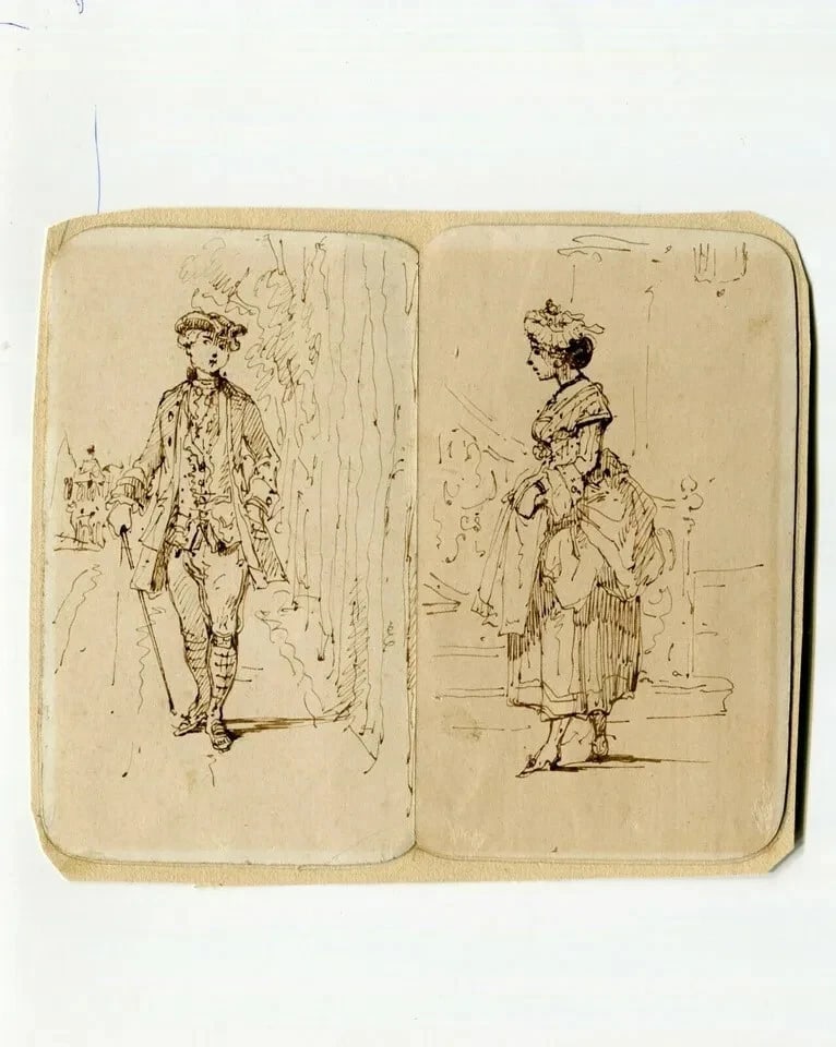 Antique Ink Original Drawing 19th century Portrait Man and Woman - 7