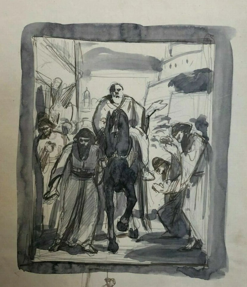 Antique Ink Original Drawing Original Man on Horse, Orientalist Figures - 4