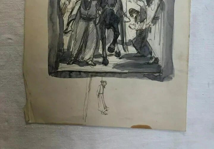 Antique Ink Original Drawing Original Man on Horse, Orientalist Figures - 6